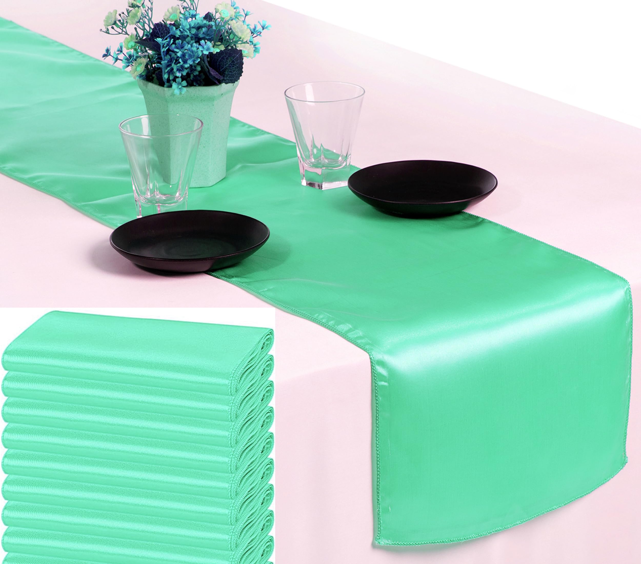 VDS Pack of 15 Satin Table Runners for Wedding & Party Décor 12” x 108”, Smooth Glossy Sateen Fabric Runner, Dining Table Decoration for Reception Banquet & Events Hotel Restaurant - Mint — image 1