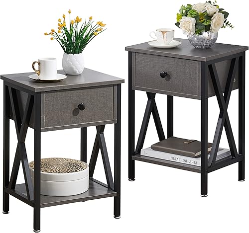 VECELO Mesita de noche moderna mesa auxiliar con cajón para sala de estar, dormitorio, juego de 2, marco de metal industrial, mesitas de noche,