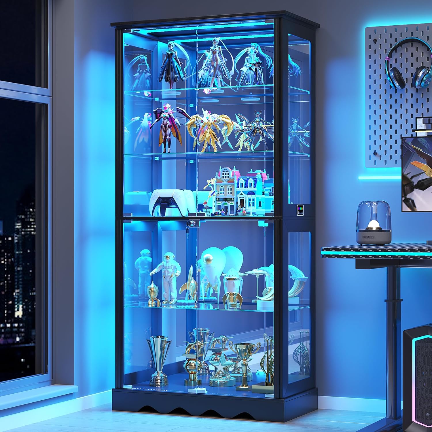 Glass Display Cabinet with Doors, RGB Curio Cabinet with LED Lights for Collectibles, Display Case with Adjustable Shelf, Black