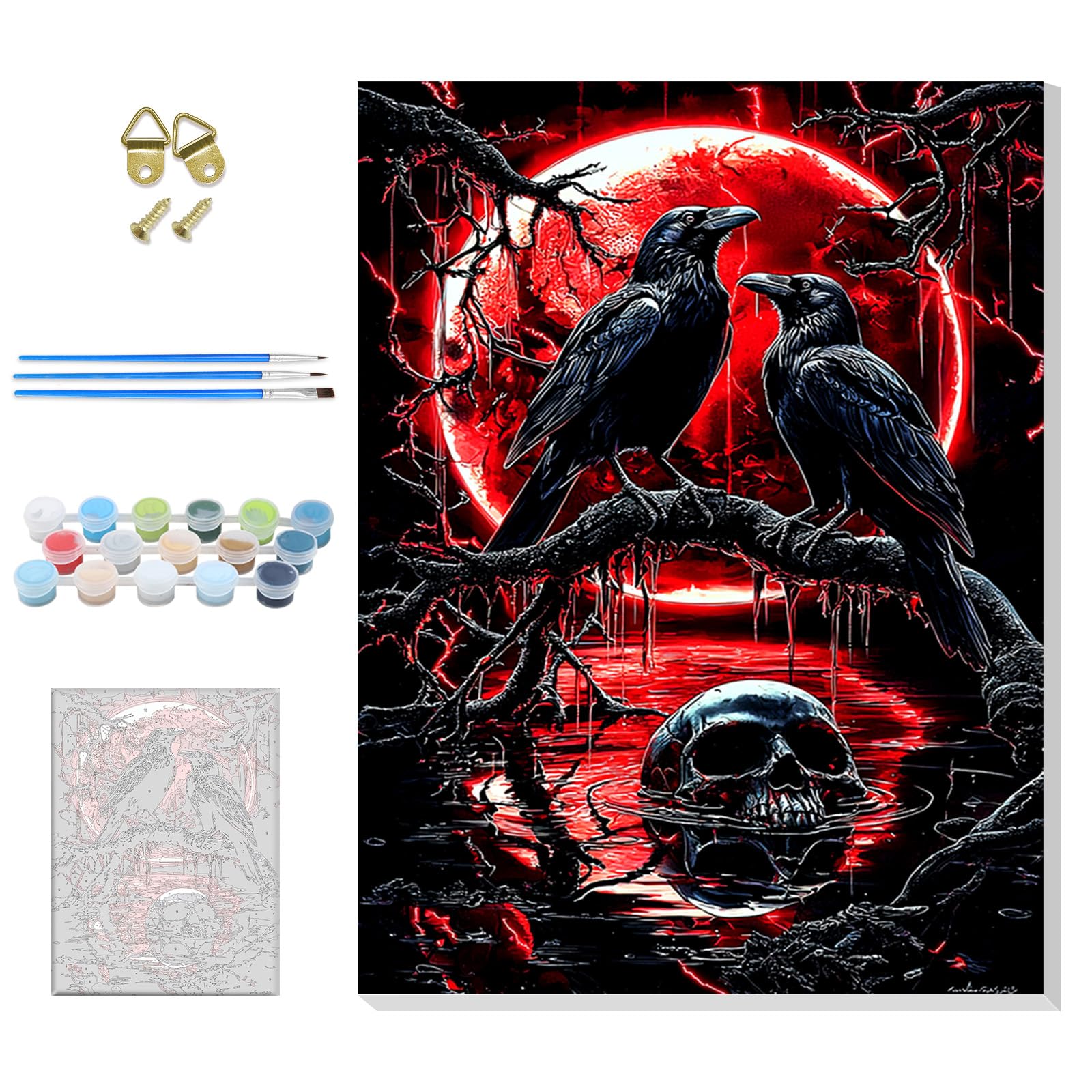 GHHKUD Halloween Crow Paint by Number Kits for Adults with Framed Canvas, Skull Easy Adult Paint by Numbers Canvas Kits for Beginner, Oil Acrylic Arts and Crafts for Home Wall Decor 8x12inch