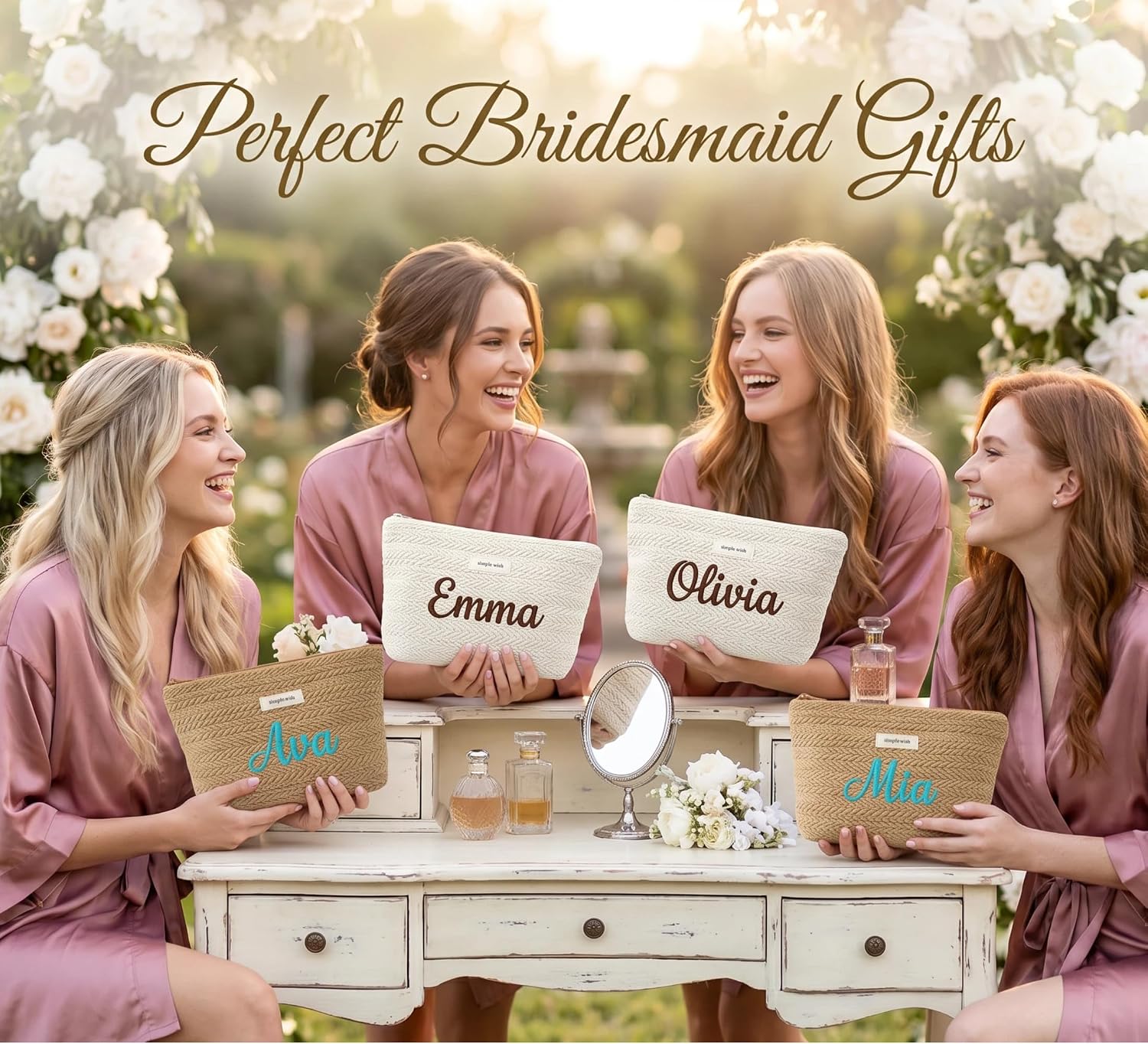 Personalized woven travel makeup bag, with extra-large capacity and thick inner lining, crafted with embroidery technique. It is convenient to carry and is a must-have bag for women on the go.