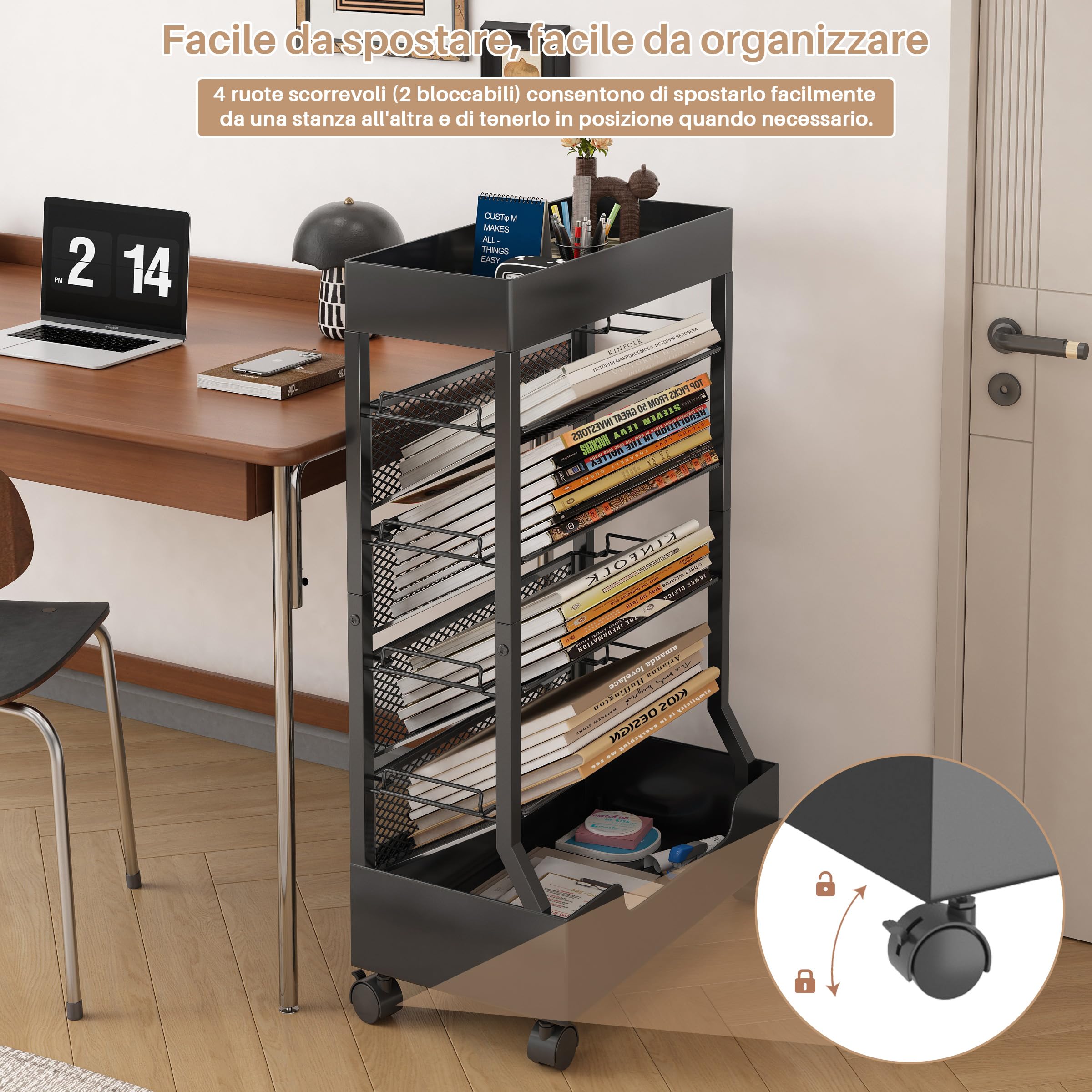 Scaffale Mobile Per Libri con Ruote, Organizer da Scrivania, Scaffale da Ufficio, Carrello per Libri, Portariviste, Grande Capienza – Nero.