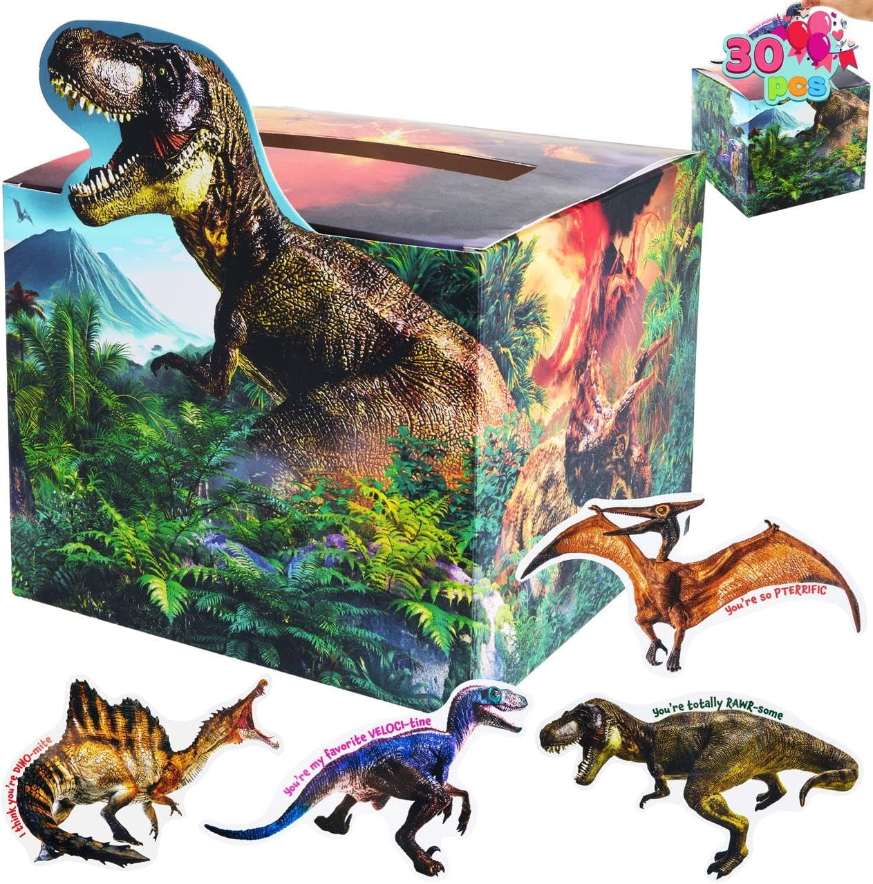 JOYIN Valentines Boxes Dinosaur, 30 Pcs Cards with Classroom Mailbox for Kids Party Favor, Exchange Prizes, 6 Designs