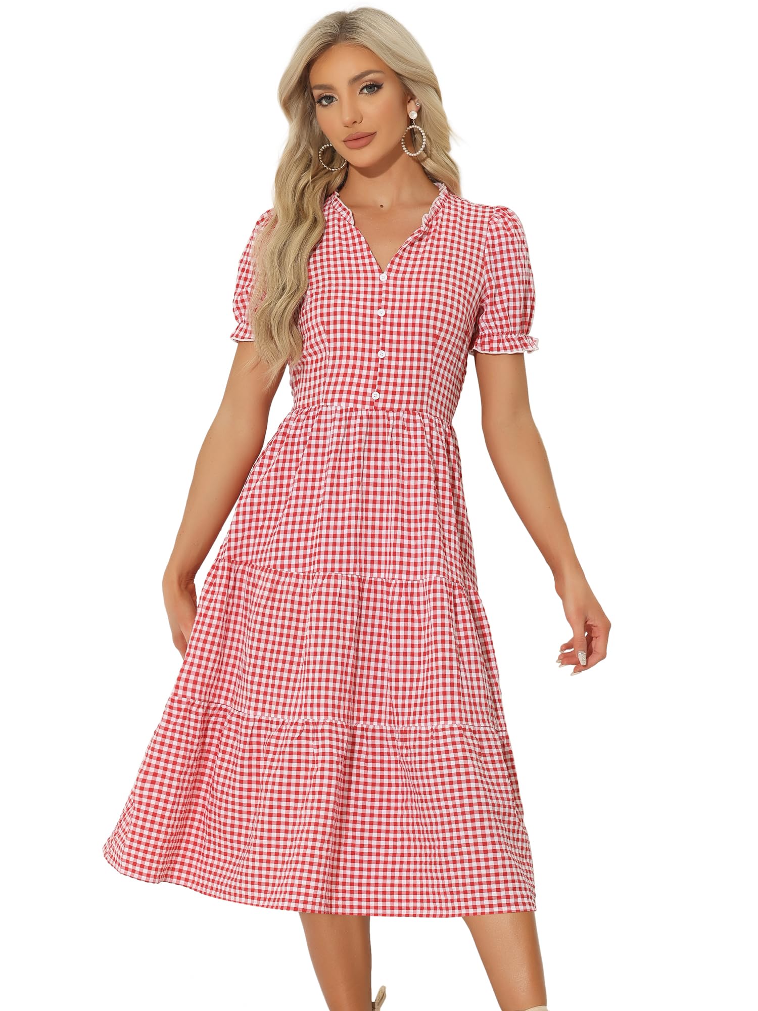 Photo 1 of Allegra K Gingham Dress for Women 2026 Summer Short Sleeve Ruffle Trim V Neck Button Decor Flowy Midi Dresses Small Red