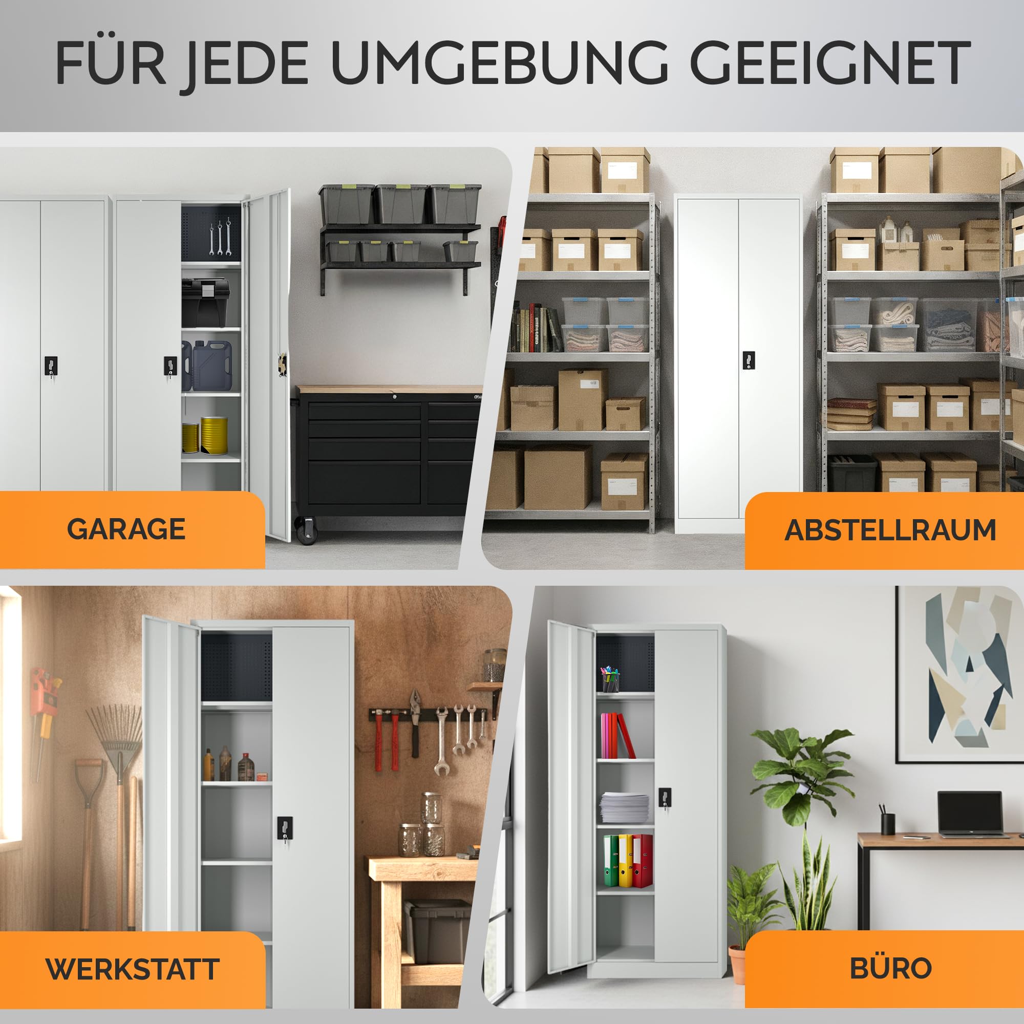 Aktenschrank – Metallschrank, Büroschrank mit Schloss & Steckwand – Werkzeugschrank, Aufbewahrungsschrank mit stabilem Stahlgehäuse & Magnettüren – Mehrzweckschrank für Büro, Werkstatt, Garage (Grau)