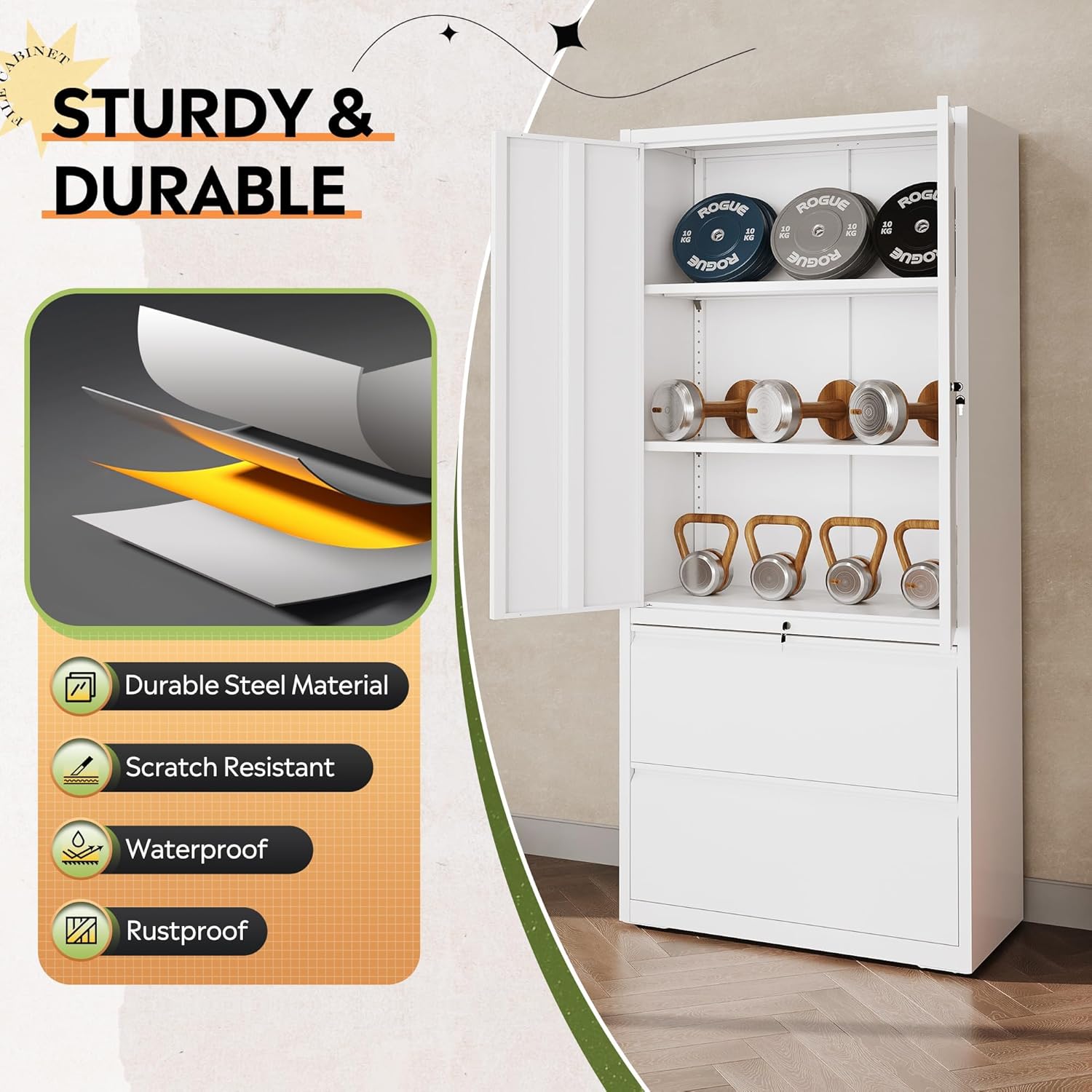 DEVAISE Metal Storage Cabinet highlighting durable steel material, scratch resistance, waterproof, and rustproof features