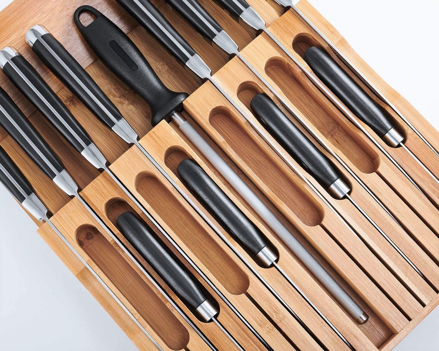In-Drawer Bamboo Knife Block, Drawer Knife Set Storage Made from Quality Bamboo (16 Knife Organizer)