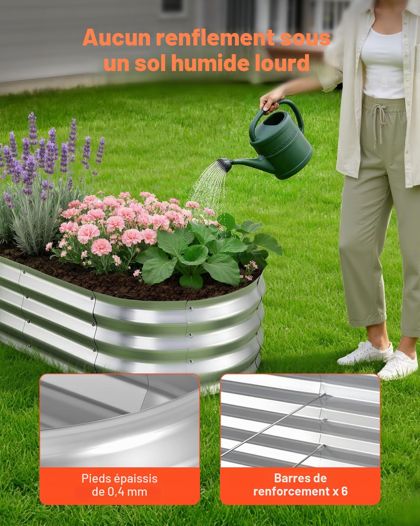 VEVOR Potager Surélevé Métal 120x60x30 cm Carré Potager Surélevé Lot de 2 Lit de Jardin Ovale pour Extérieur Culture Fruits Légumes Fleurs, Fond Ouvert, Galvanisé Aluminium-Zinc, avec Gants, Argenté