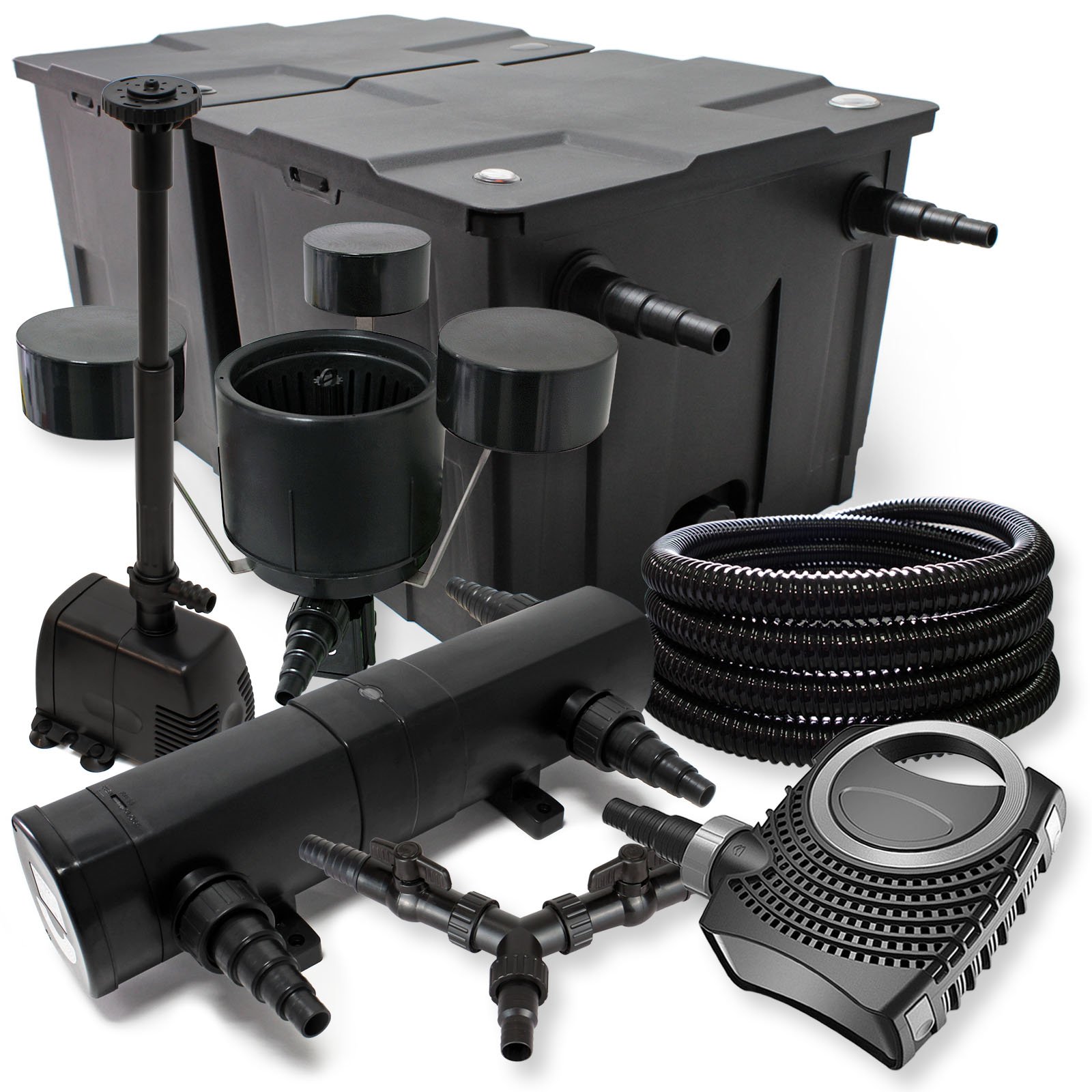 SunSun Komplettset: CBF-350B Teichfilter bis 60000 L, NEO10000 Teichpumpe 10000l/h 80W, CUV-224 Teichklärer 24W, 25m Schlauch 25mm, CSP-250 Skimmer 2500l/h, HJ-943 Springbrunnen 800l/h, Y-Verteiler