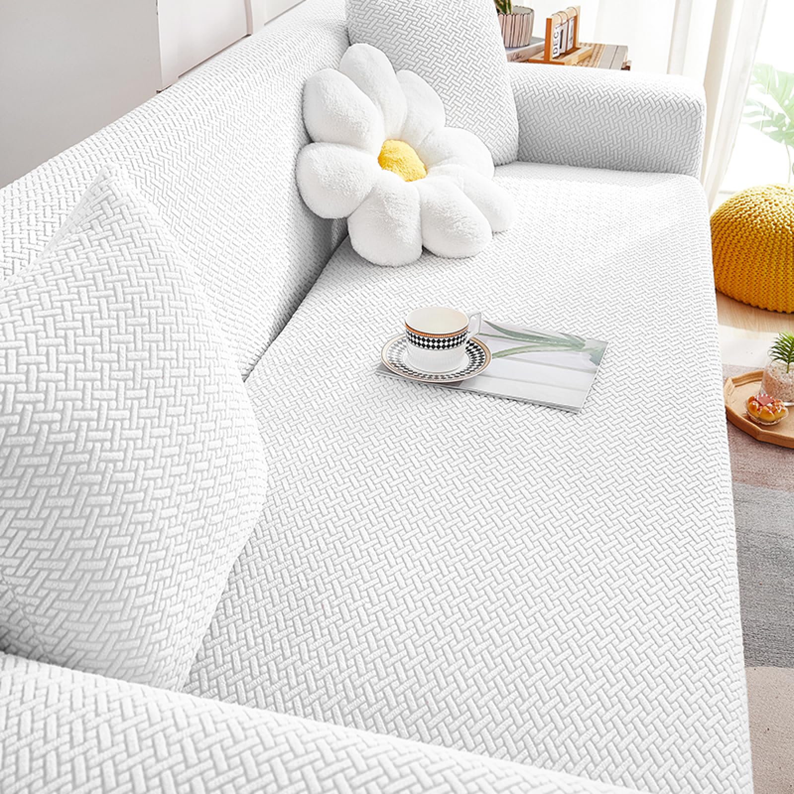 Stretch Sofa Slipcover, Universal Couch Cover Non Slip Soft Sofa Cover with Elastic Bottom, Dog Cat Pets Friendly Washable Furniture Protector for 3 Cushion Couch (S(1 Seater 90-140cm), White2)