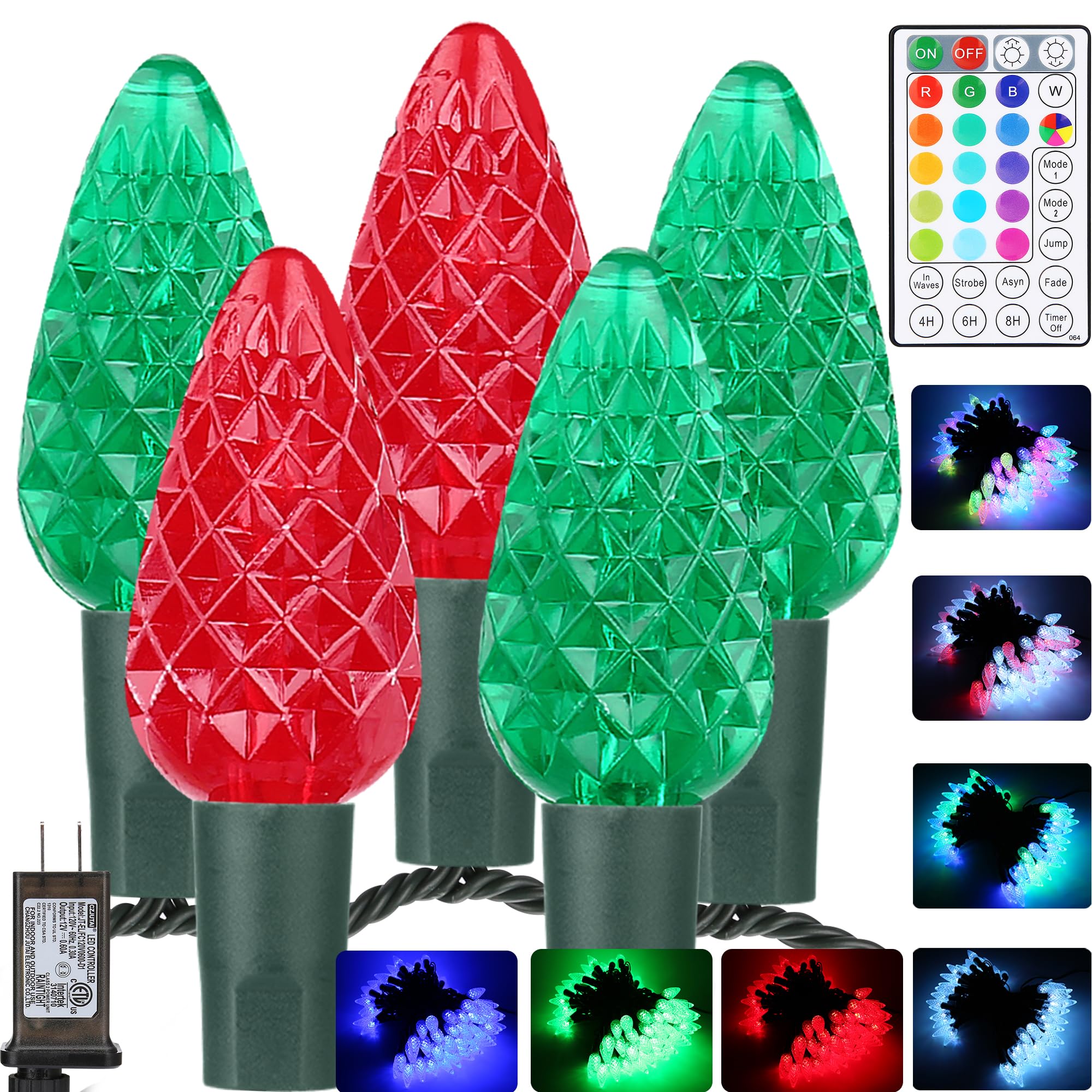 Brizled RGB Christmas Lights, 33ft 100 LED C5 Color Changing Outdoor, Connectable String Lights with Remote, Dimmable Xmas Tree Party