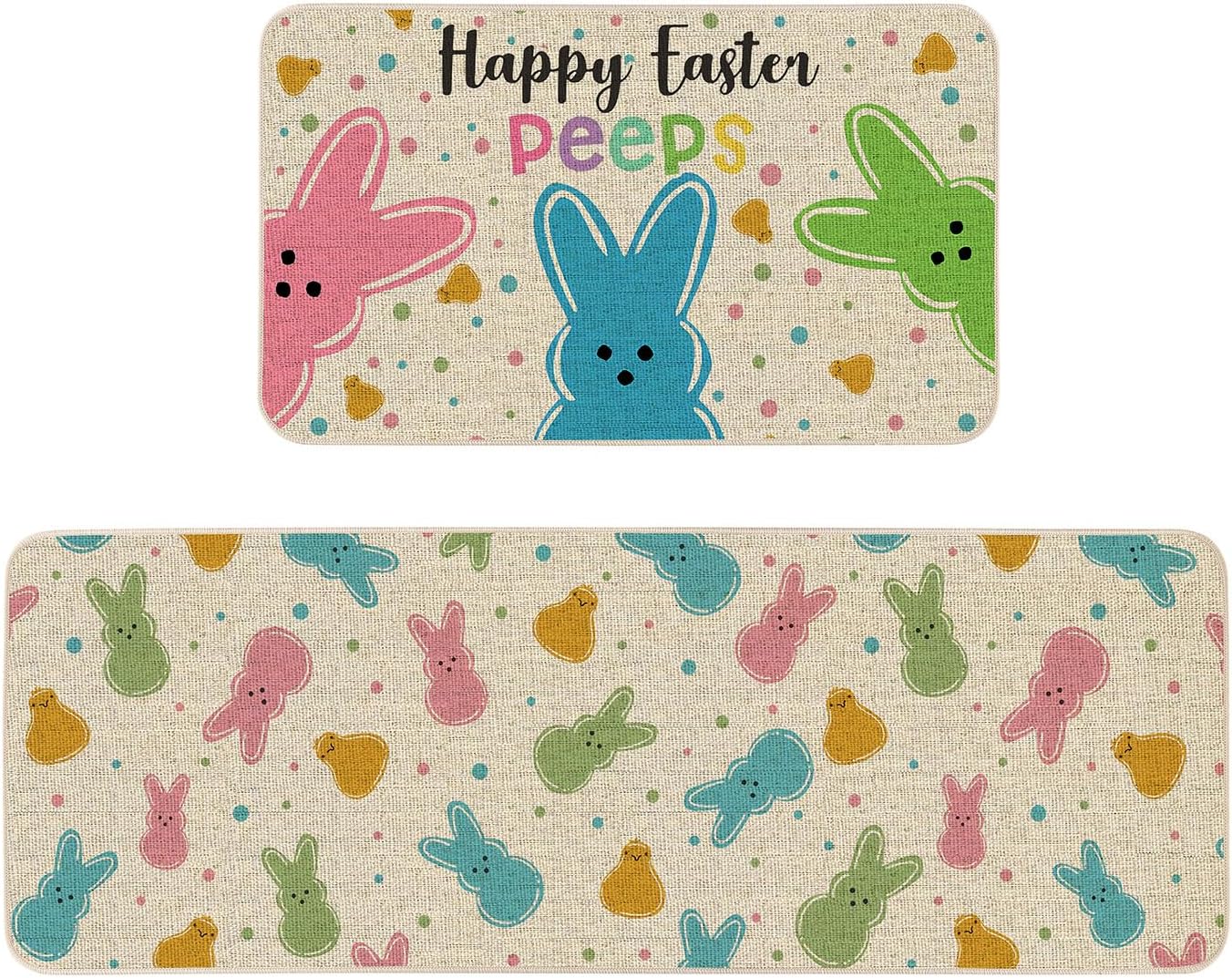 Moutina Colorful Bunny Rabbit Happy Easter Peeps Decorative Kitchen Rugs Set of 2, Seasonal Spring Summer Easter Holiday Party Low-Profile Kitchen Mats for Floor - 17x29 and 17x47 Inch