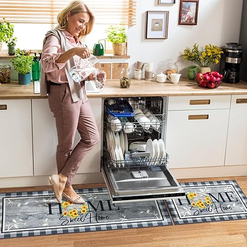 Miniatura 6 de Carvapet Juego de 2 alfombras de cocina, estilo granja, 17 x 48 + 17 x 24 pulgadas, color gris claro, antideslizantes, lavables, alfombras y tapetes