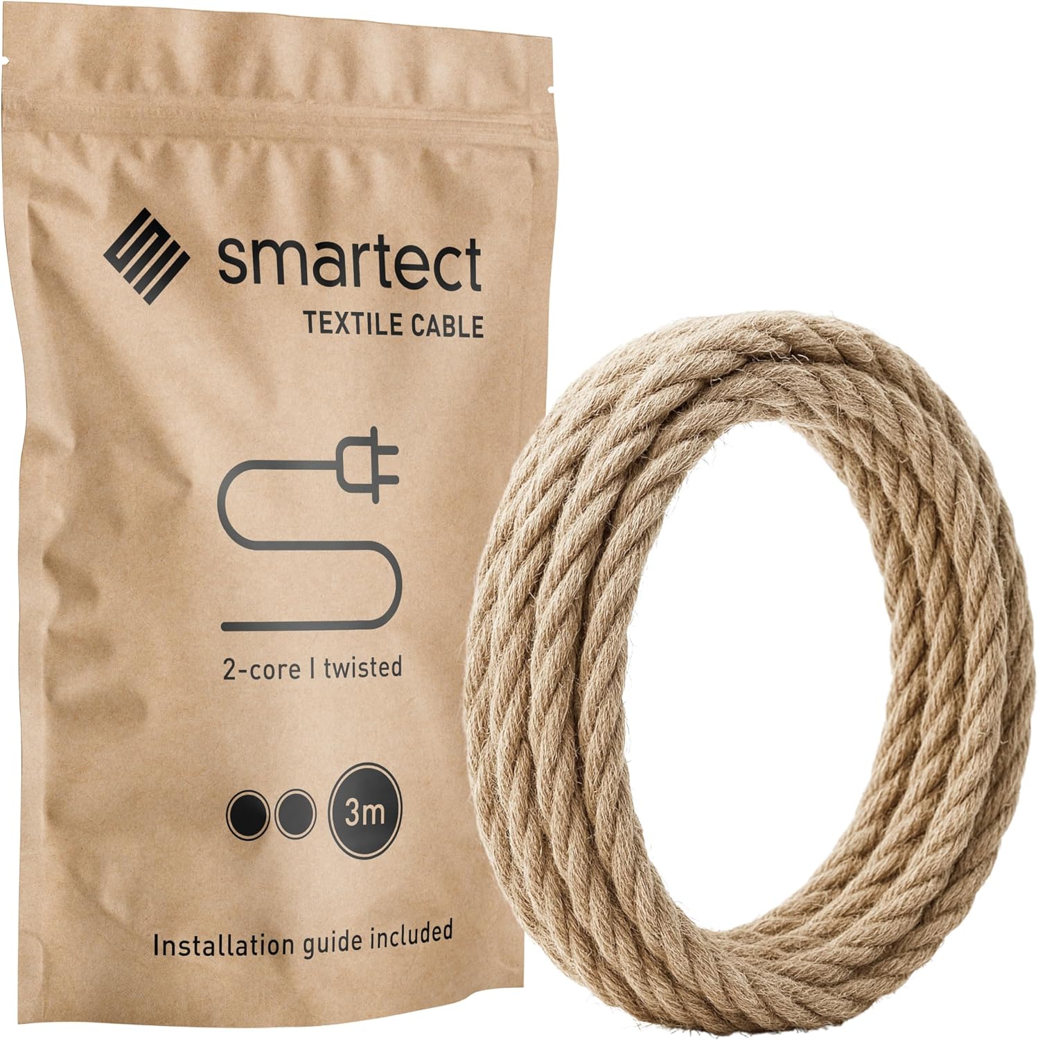 Smartect Витой текстильный кабель, 2 жилы (2 x 0,75 мм²), джут, 3 метра | Винтажный плетеный электрический кабель, текстильный пле