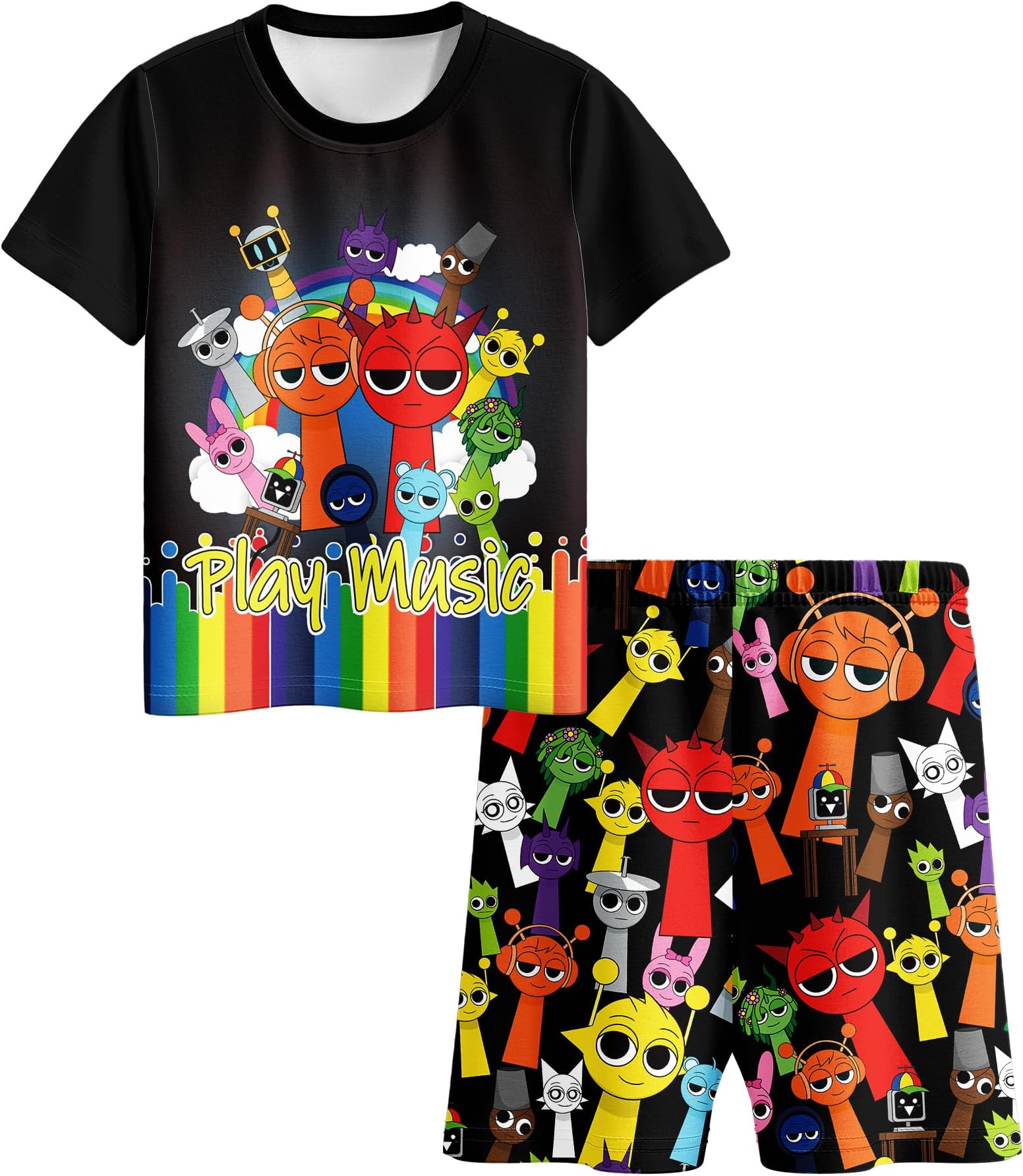 DifforeverBoys Sprunki Shirts and Pants 2Pcs Sets Kids Music Game Tee Pants for 3-14 Year Adventure Dailyl Child Outfit