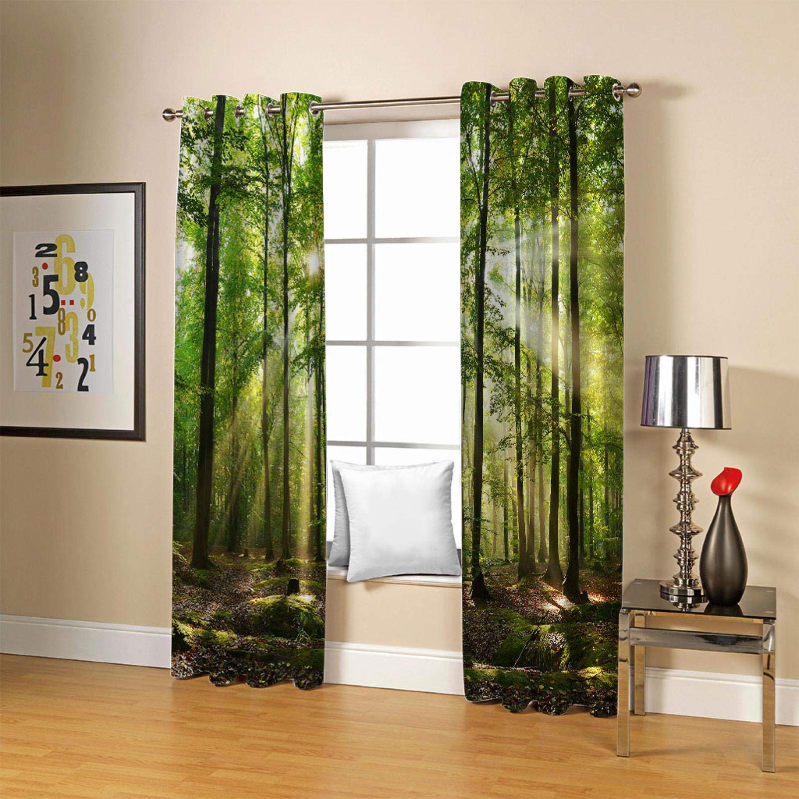 Vorhang Blickdicht Wohnzimmer - Gardinen Blickdicht 3D Sonniger Grüner Wald Muster Vorhänge Thermo Schlafzimmer Dekoschals Gardine Blickdichter Ösenvorhang, 2Er Set H 160 X B 100 cm