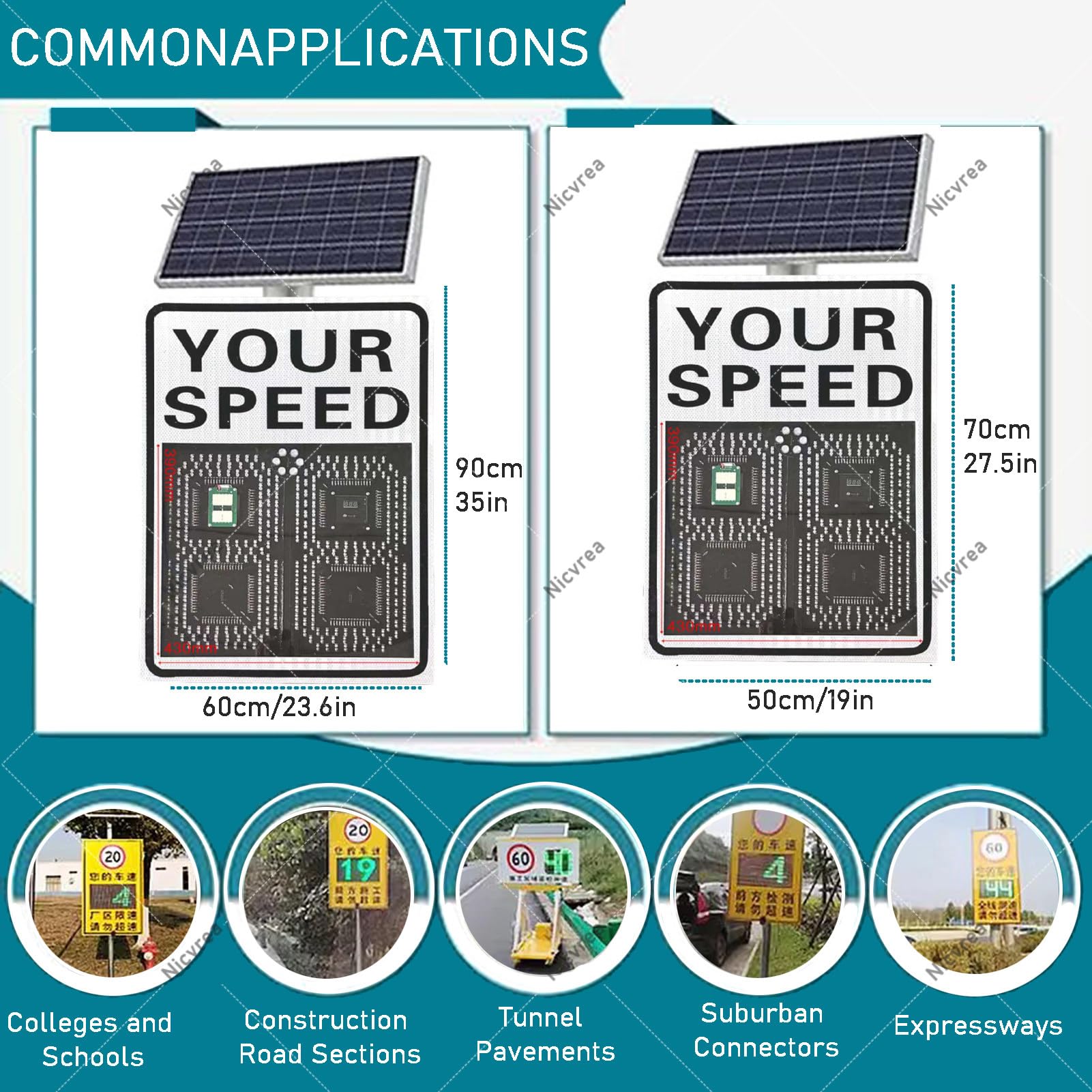 Señal de visualización de velocidad de radar, señal de tráfico LED alimentada por energía solar con luz de advertencia intermitente, 24 x 35 pulgadas para un control eficaz del límite de velocidad