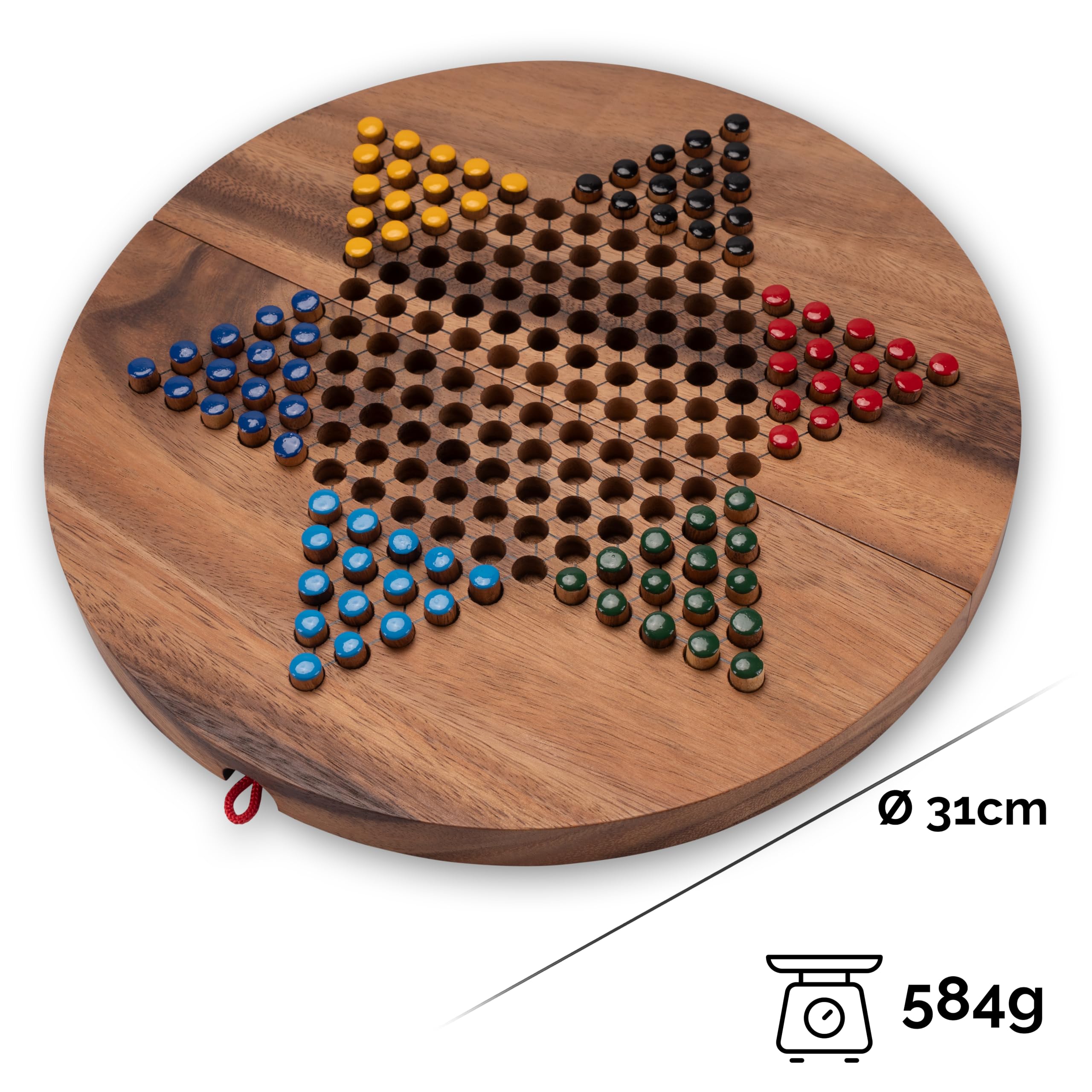 LOGOPLAY Halma Gr. Xl, Stern Halma, Dama Cinese, Gioco di Strategia, Gioco da Tavolo in Legno Con Tabellone Rotondo E Pieghevole (Multicolore)