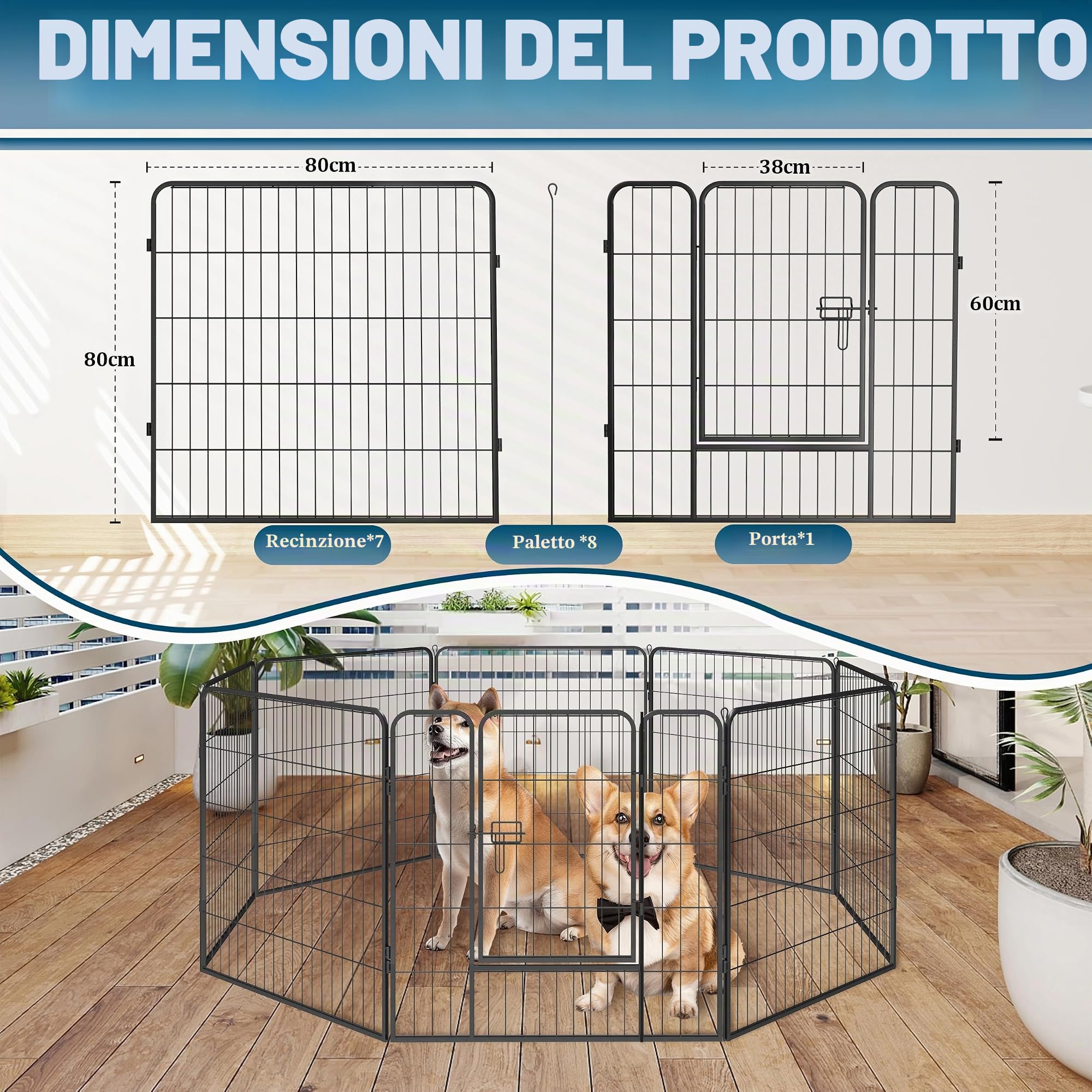 Recinti Cani Parco Recinto per Cani Da Interno Ed Esterno Recinzione per Animali Domestici Con 8 Pannelli Di Metallo, Box per Cani, Gatti E Conigli, 80 X 80 cm