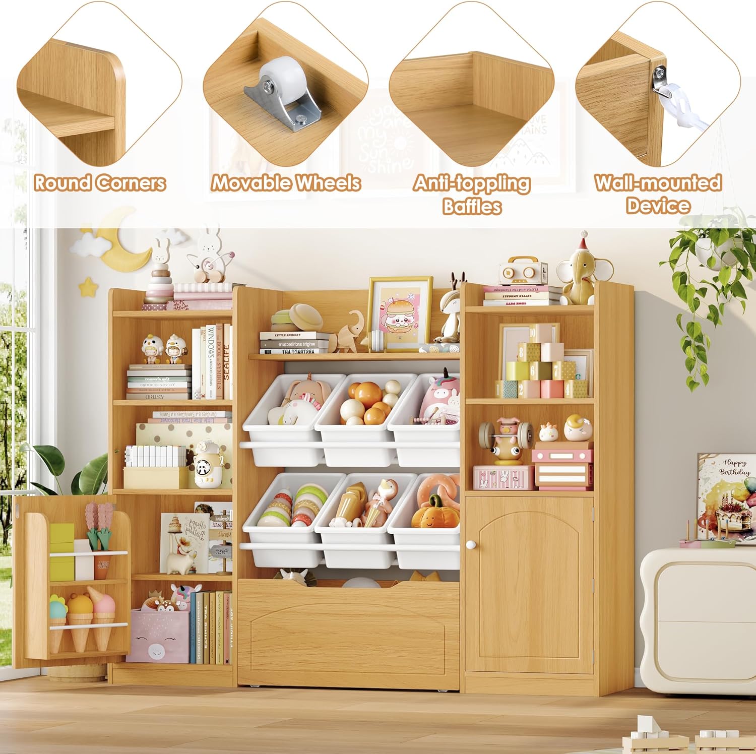 FINETONES Toy Storage Organizer with Removable Bins, 5-in-1 Kids Bookshelf with Movable Chest and Book Shelves Behind The Door, 55” Toy Organizer Playroom with 6 Toy Bins and 8 Storage Cubes, Natural