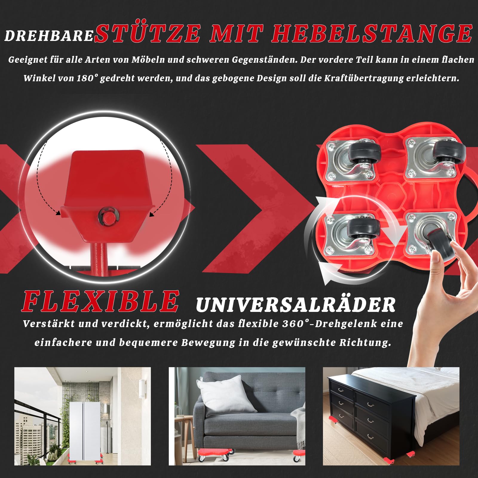 Juego de herramientas de elevación para muebles con palanca ajustable y 4 ruedas giratorias silenciosas, rotación 360°