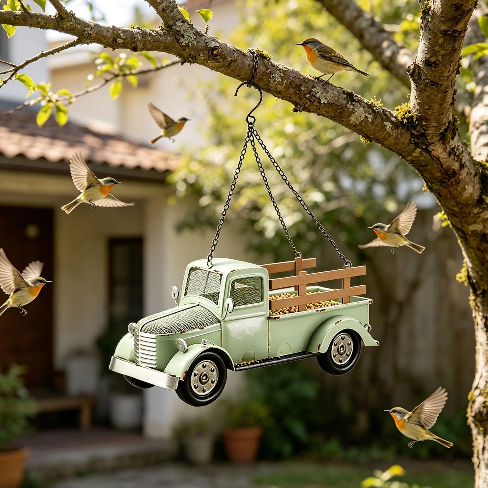 Mangiatoie per uccelli sospese con catena design retrò camion, per giardino e esterno