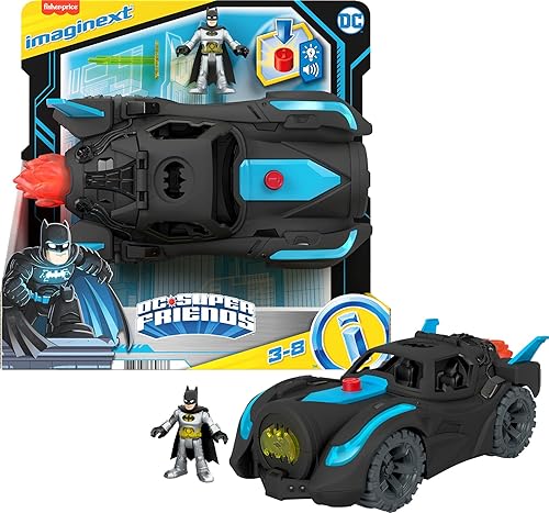 Fisher-Price Imaginext DC Super Friends Batman Toys, Lights & Sounds Batmobile con figura de Batman para preescolar juego de simulación de 3 a 8 años