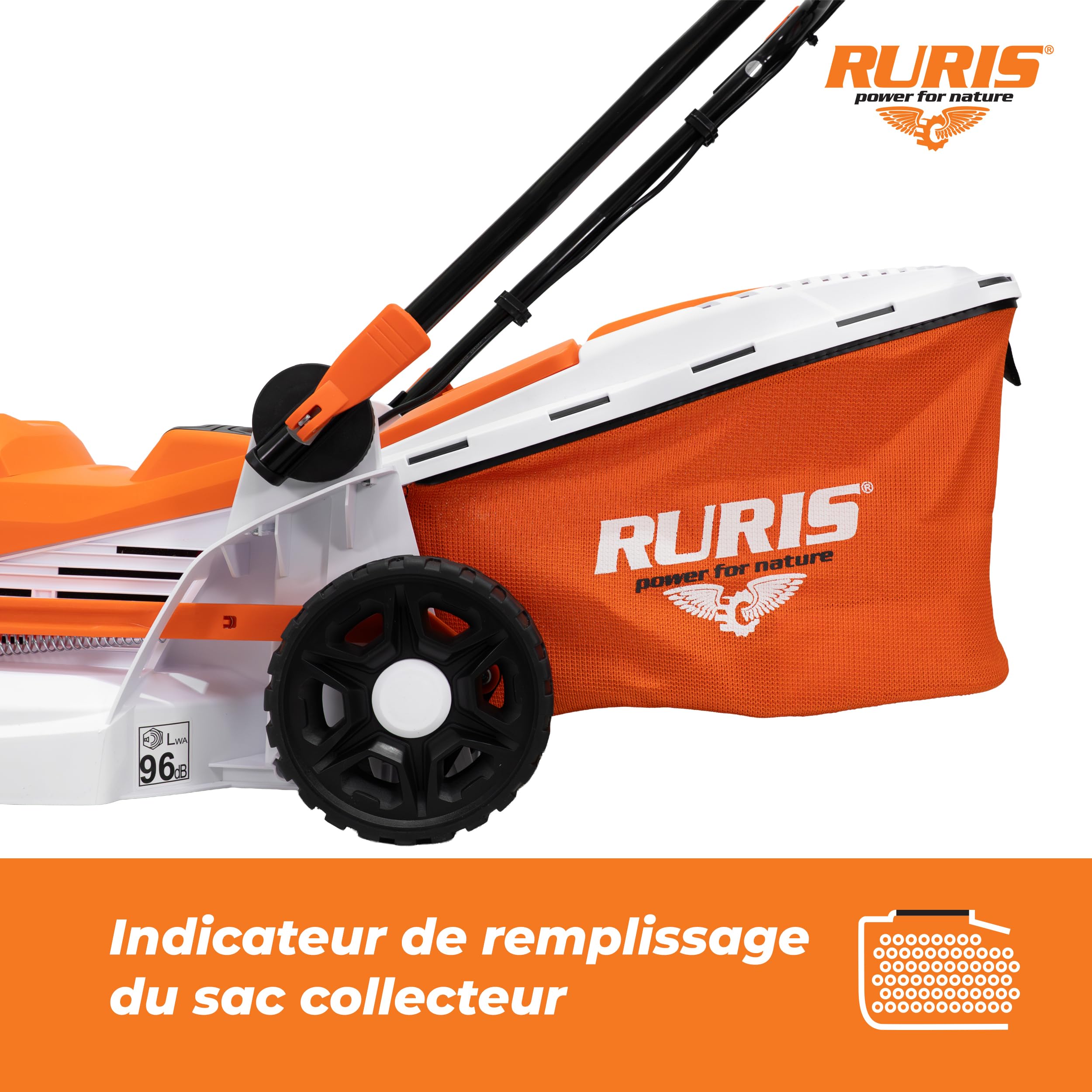 RURIS RXE1400 Comfort tosaerba elettrico 1400 W larghezza 340 mm 6 altezze 20-70 mm vassoio 35 L pettine taglio manico Comfort Pro regolabile 9 kg