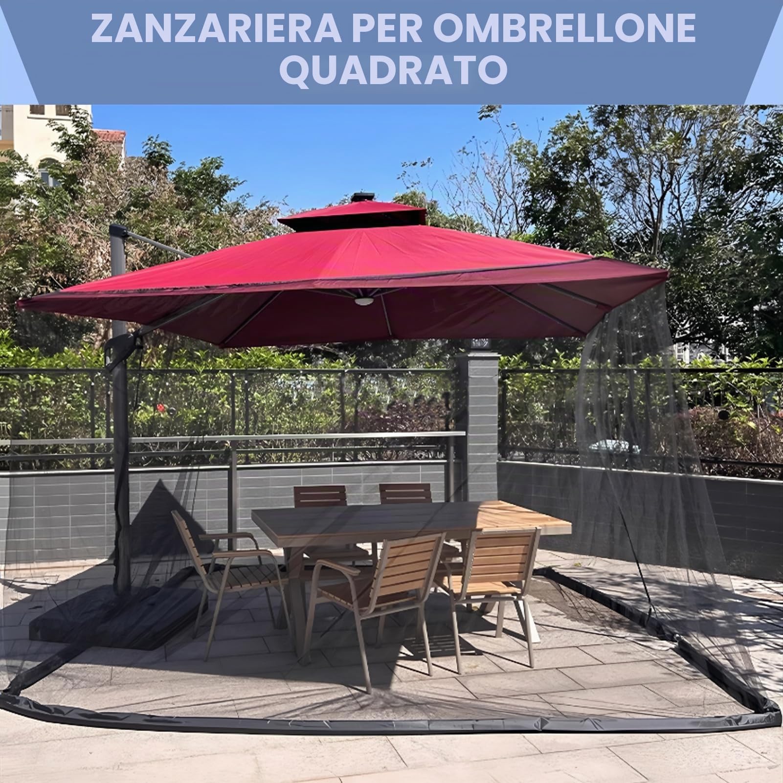Zanzariera a ombrello quadrato, rete ombrello da patio 25 x 45 cm, zanzariera antivento con cerniera, corda regolabile e fondo riempito d'acqua per ombrelli quadrati, tetto in ferro