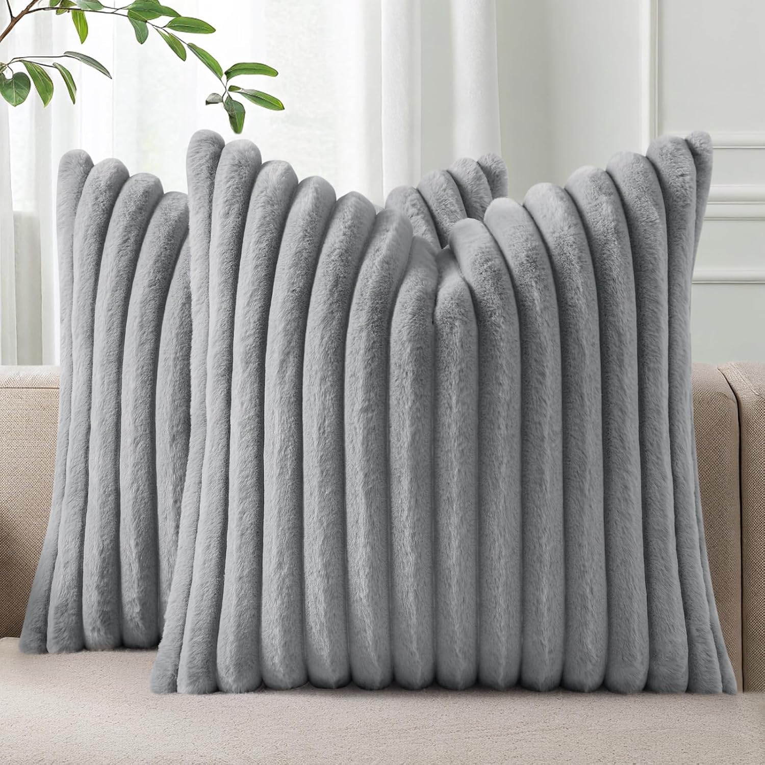 Homaxy Kunstfell Kissenbezug 2er Set | Deko Weich Flauschige Gestreift Kissenhülle, Plüsch Sofakissen Dekokissen Couchkissen für Wohnzimmer Schlafzimmer Sofa