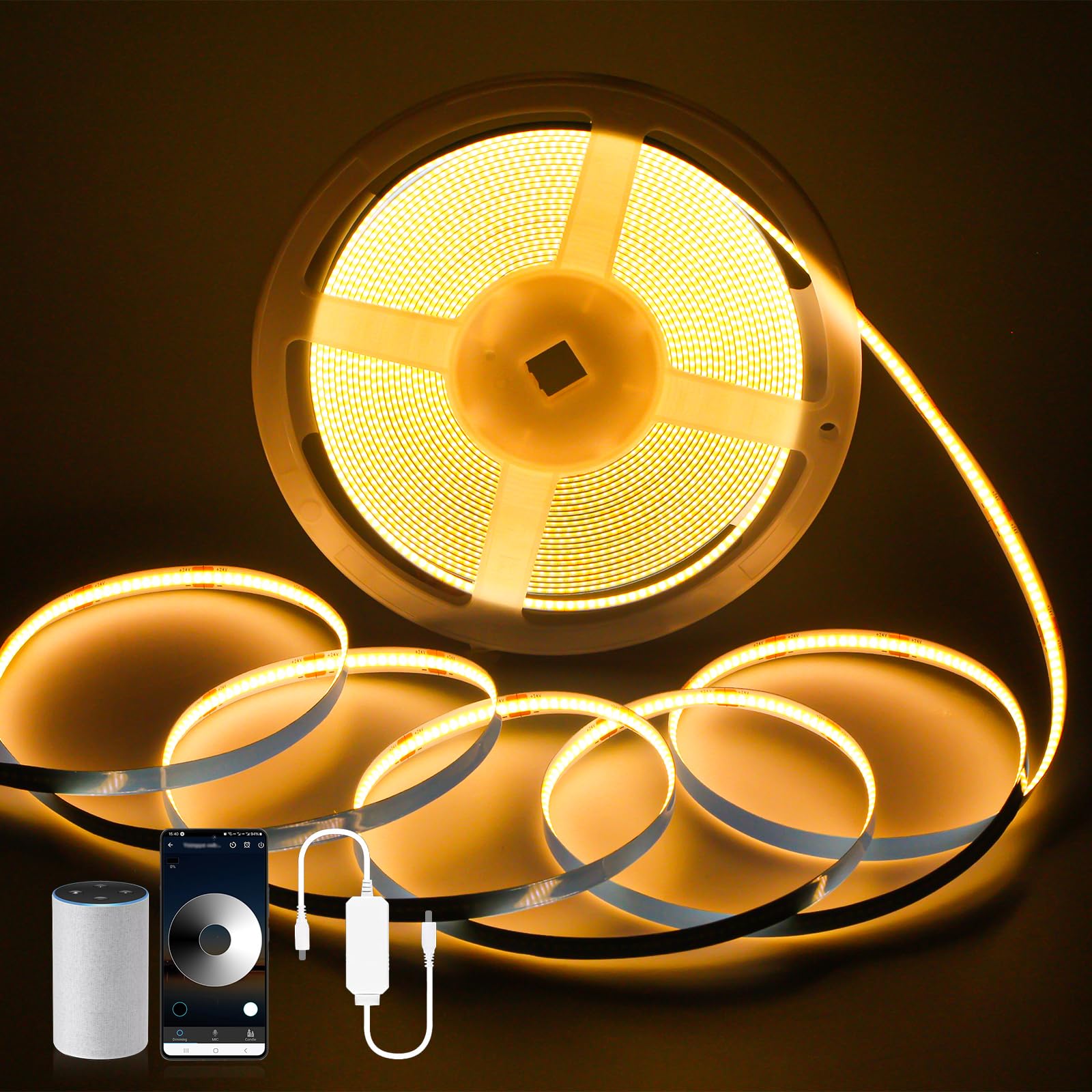 Tiras LED COB, LED Blanco Cálido WiFi, Compatible con Aplicación Inteligente, Regulable, Sin Puntos, Recortable, 3200 LEDS CRI90+ Ahorro de Energía. (10m WIFI)