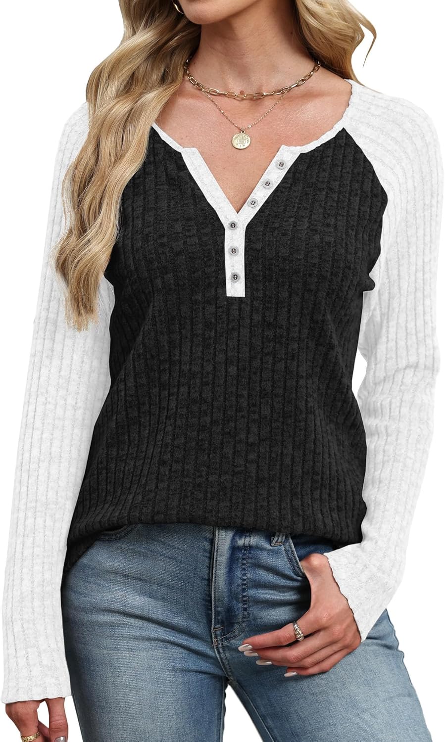 JomeDesign Womens Sweaters V Neck Long Sleeve Shirts Color Block Loose Casual Fall Tops 2025 Trendy Outfits S-2XL - Image 2