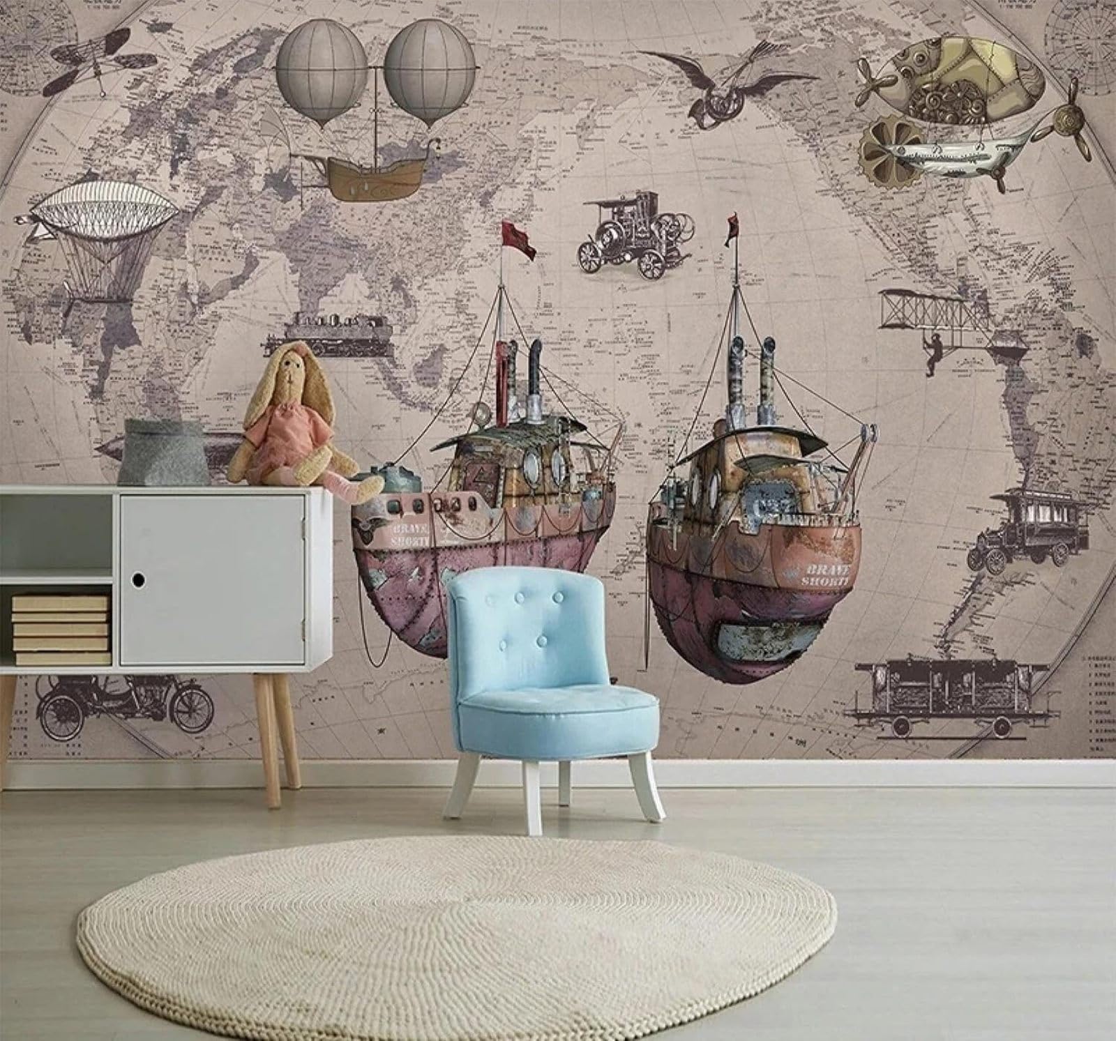 Xlming 350Cm×256Cm(B×H) Retro Sailing Ships Aeroplanes World Map Pub 3D Wallpaper Luxury Silk Study Dining Feature Sofa Grey Bedroom Living Room Tv Decorative Wall-350Cm×256Cm
