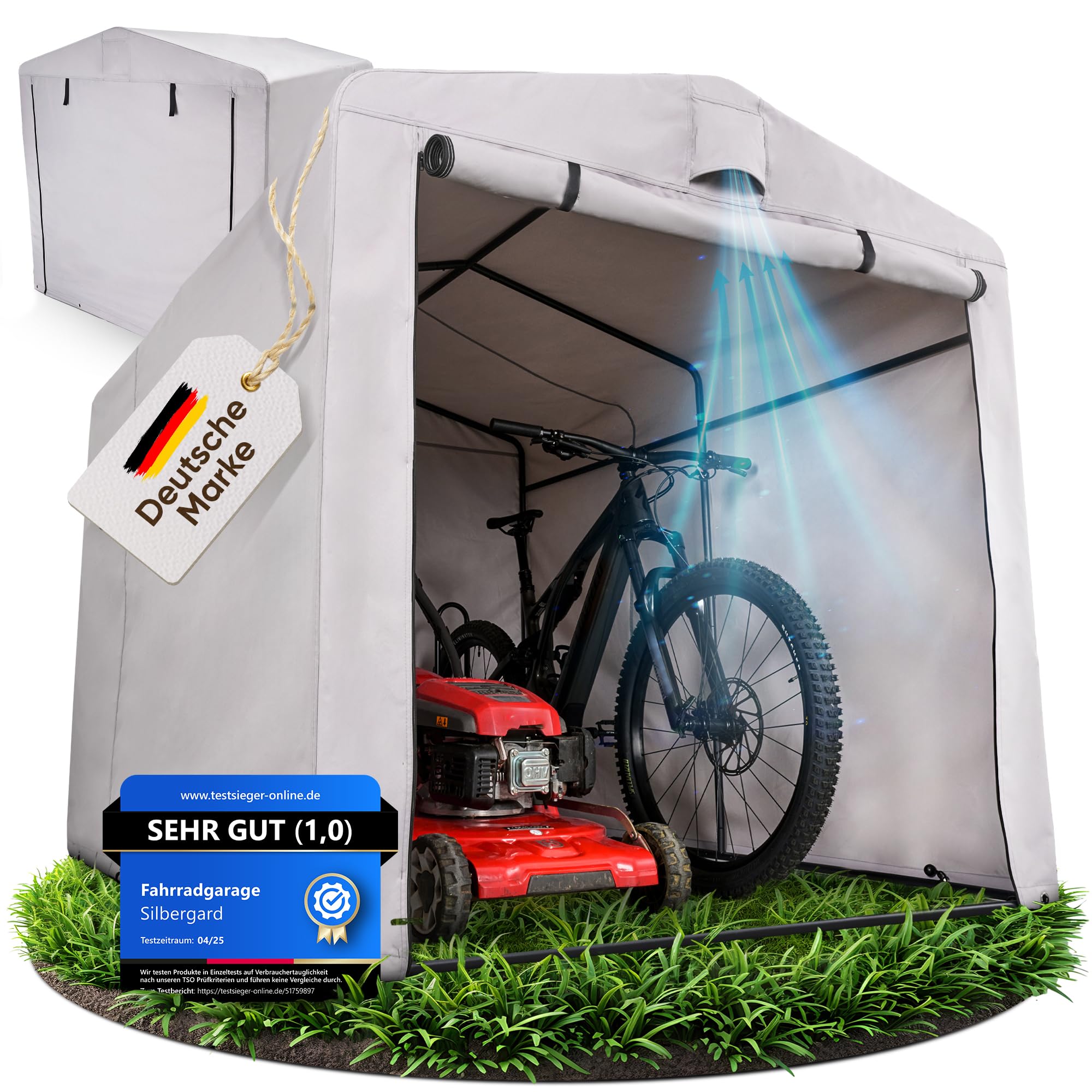 Fahrradgarage mit extra Tiefe für E-Bikes | 160x220x165cm Gerätehaus | Wasserdichtes 600D Oxford Gewebe mit PU Beschichtung, Wetterfest & Reißfest | Ideal für, Gartengeräte, Roller
