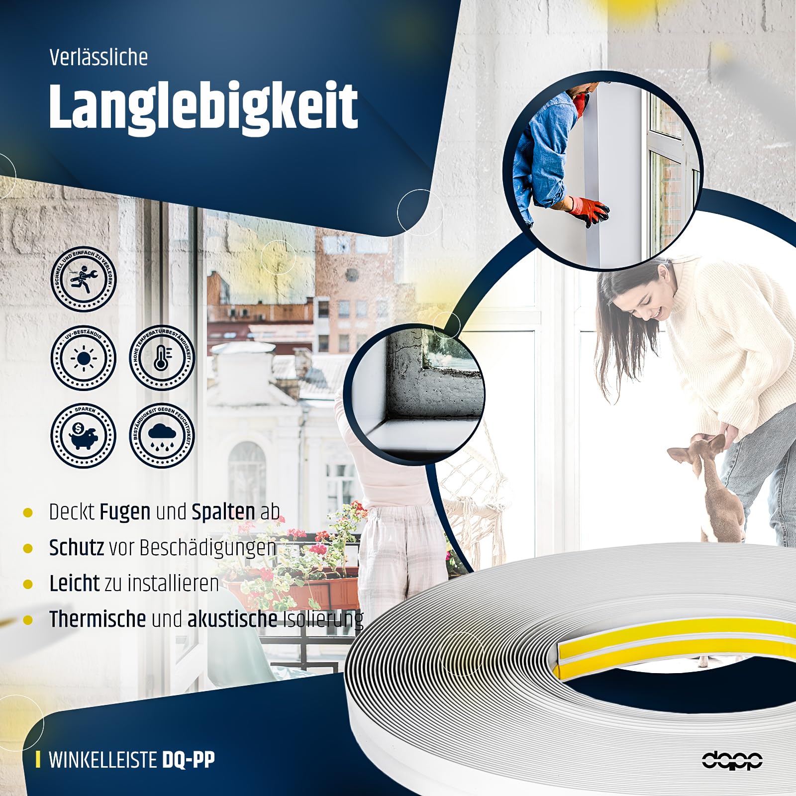DQ-PP WINKELLEISTE – 15m Länge – 15x15mm – 1,5mm Stärke – Weiss – Fensterleisten Knickwinkel Eckleiste Abschlussleisten selbstklebend