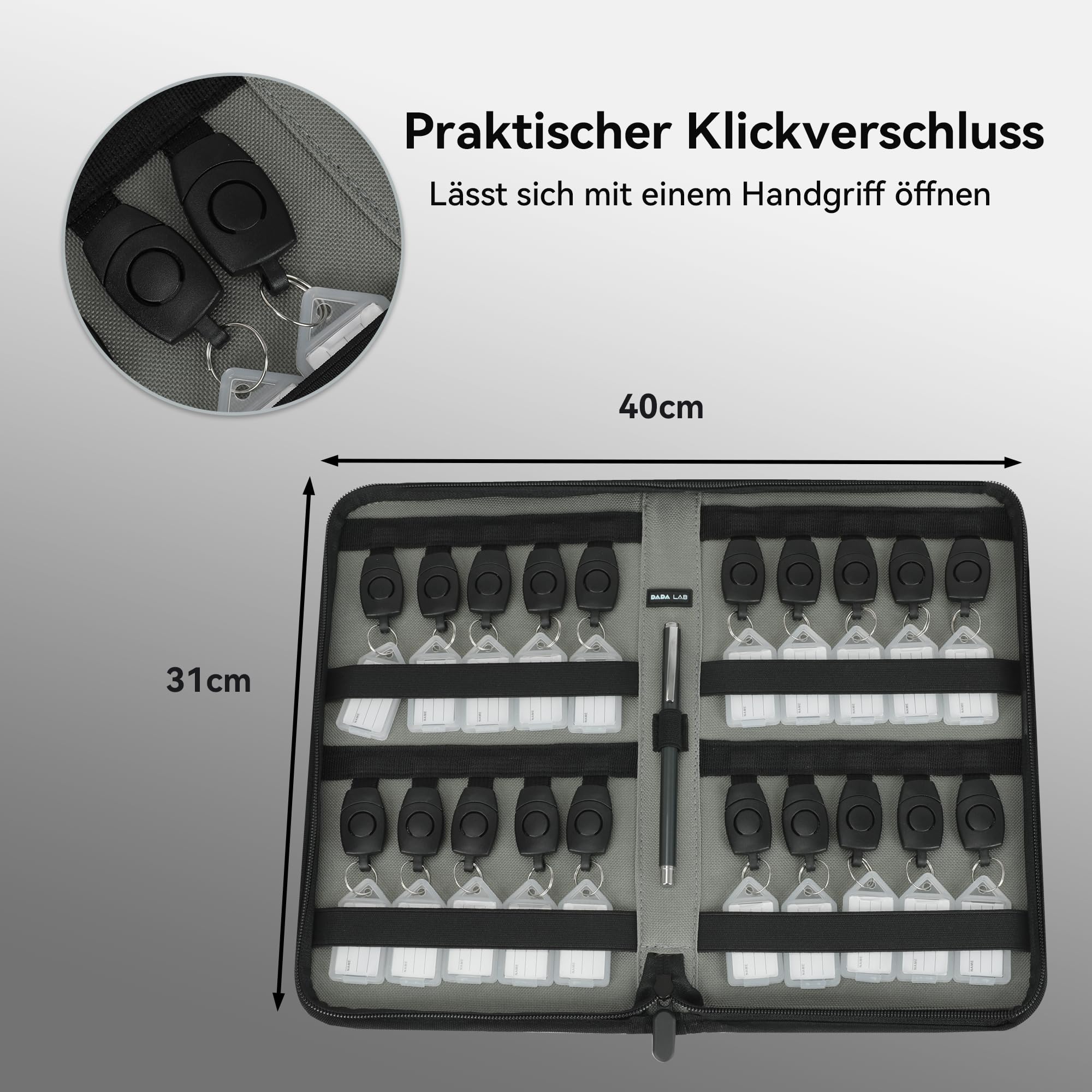 Schlüsselmappe für Gewerbe & Immobilienverwalter – Schlüssel Organizer mit Klickverschluss, Reflektionsstreifen & Außen-Kartenfach, Schwarz, 20 Schlüssel