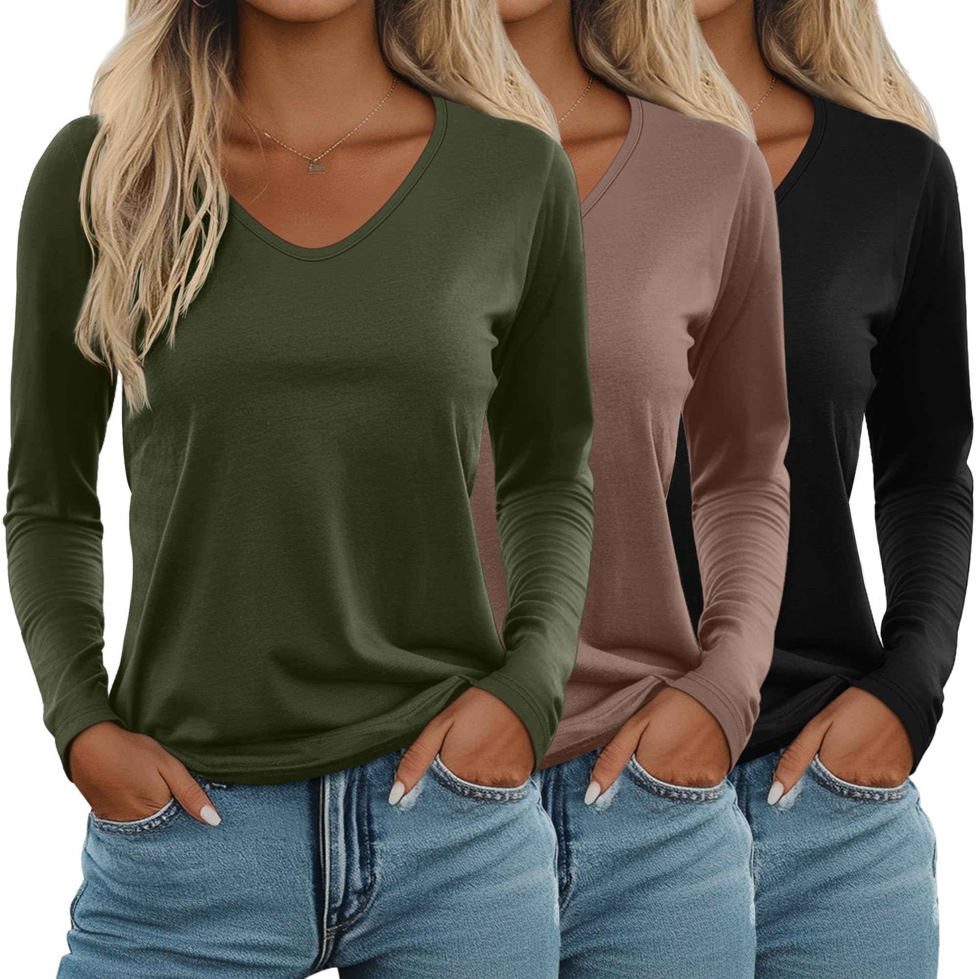 Ficerd Lot de 3 Hauts pour Femme col V Manches Longues | Col V, Manches Longues, Coupe Ample, Tissu Doux, T-shirts Basiques D'automne, Hauts Casual Du Quotidien, Mode Femme Tendance