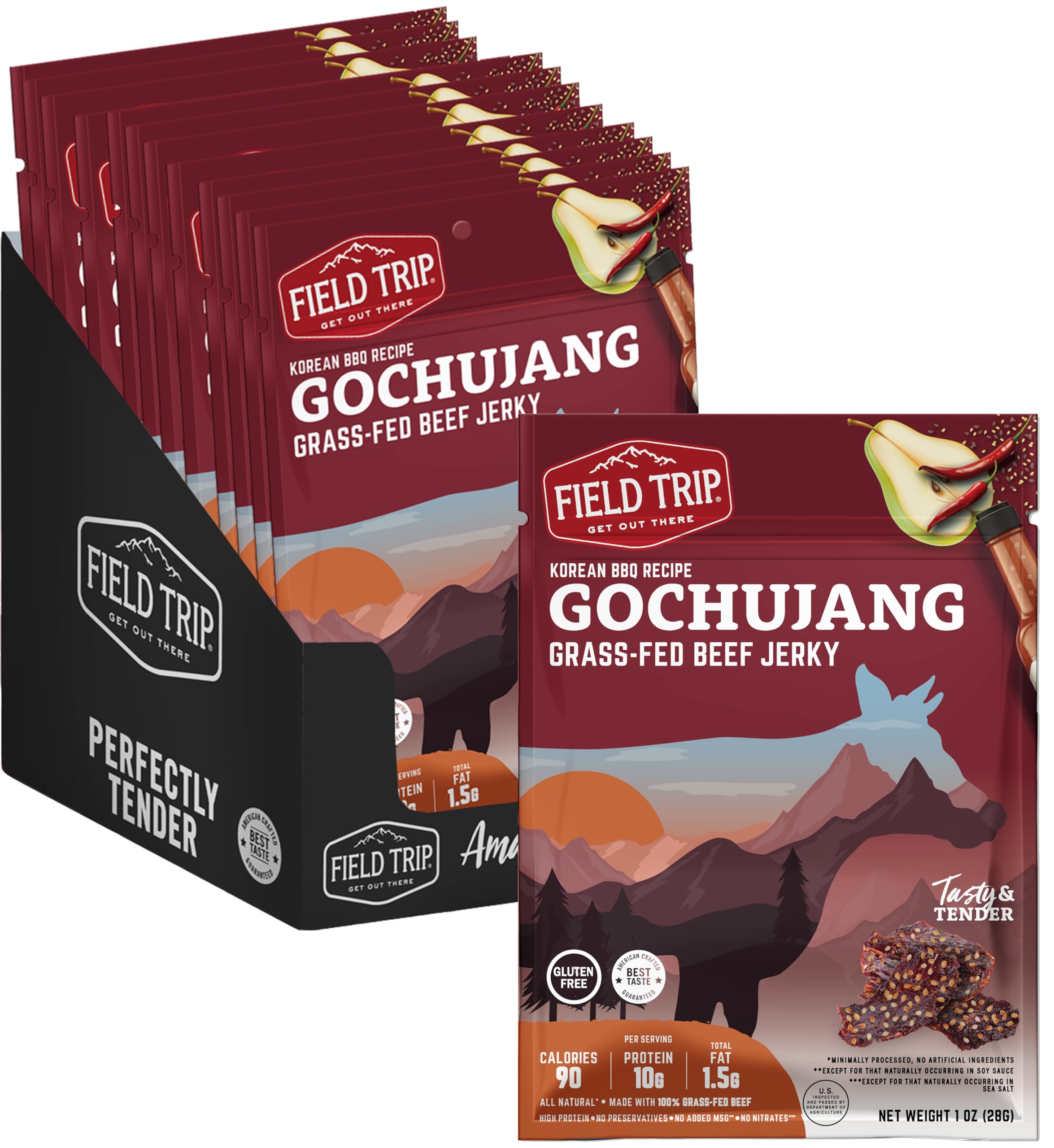 Field Trip Grass Fed Beef Jerky, Healthy Gluten Free Snacks, All Natural, Paleo-Friendly Beef Jerky, High Protein, Low Carb Snack with No Nitrates, 1oz Bag, 12 Pack, Gochujang Korean BBQ