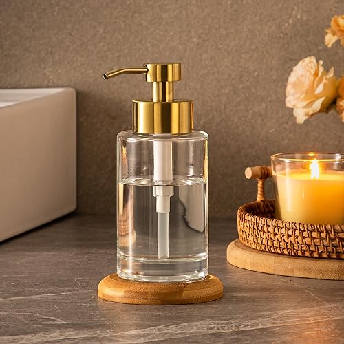Miniatura 7 de Enra Dispensador de jabón de vidrio grueso con bomba dorada de acero inoxidable, dispensadores de jabón líquido para manos de baño de 12 onzas,