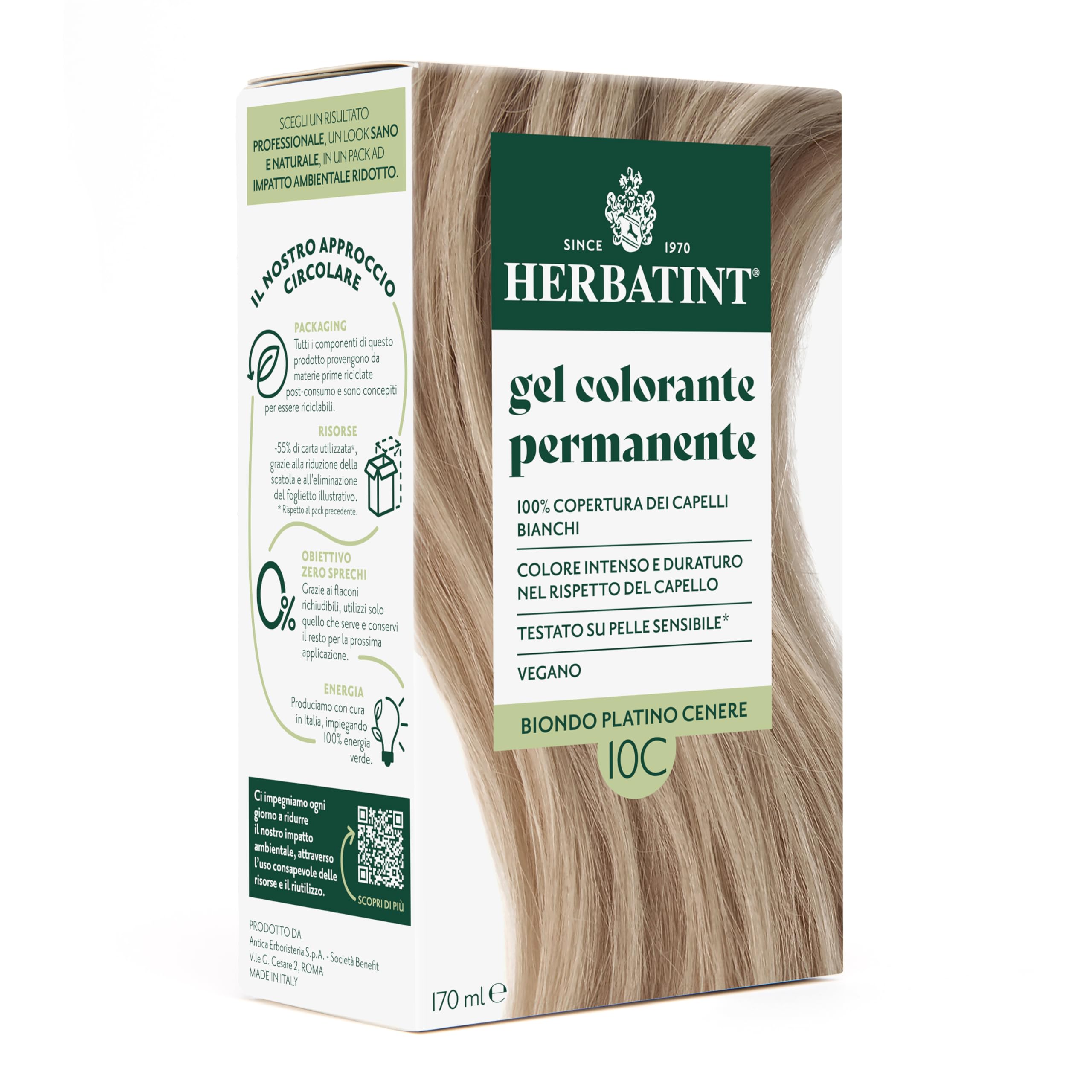 HerbatintPermanent Hair Colour Gel 10C Platinum Blonde Ash - 170 ml | Ammonia Free, 100% Coverage for White Hair | For Sensitive Skin, with 8 Natural Organic Extracts