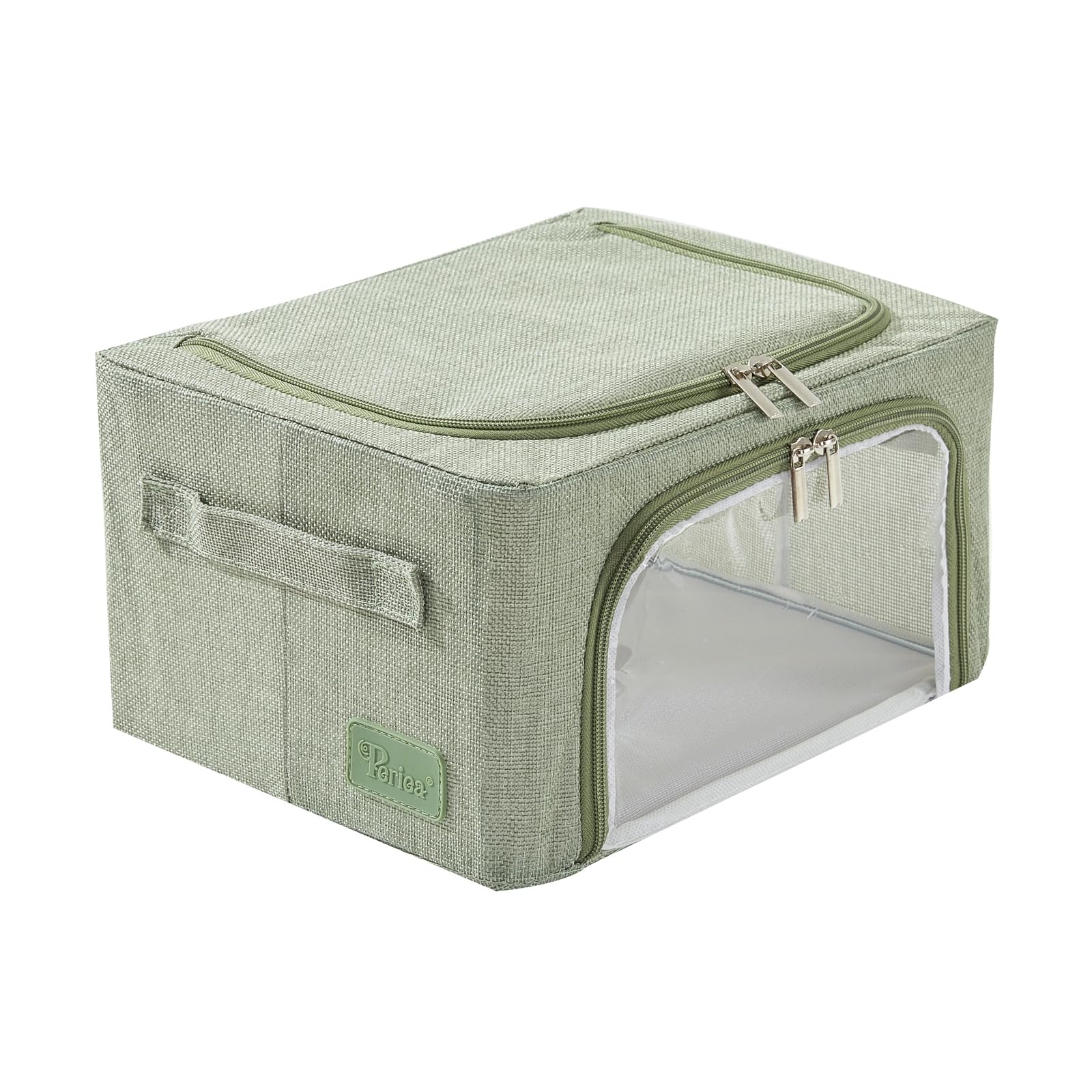 Periea ‘Beau’ Folding Collapsible Stackable Fabric Home Storage Boxes with Steel Frames (Sage Hemp, Compact)