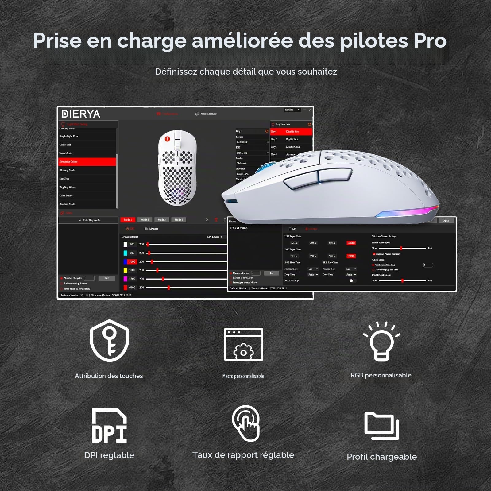 Dierya Ensemble Clavier et Souris Gamer Blanc, M1 Souris sans Fil 24000 DPI & DK61SE Clavier Mécanique Filaire 60%, Setup PC Multitâche Ergonomique (Pack de 2)