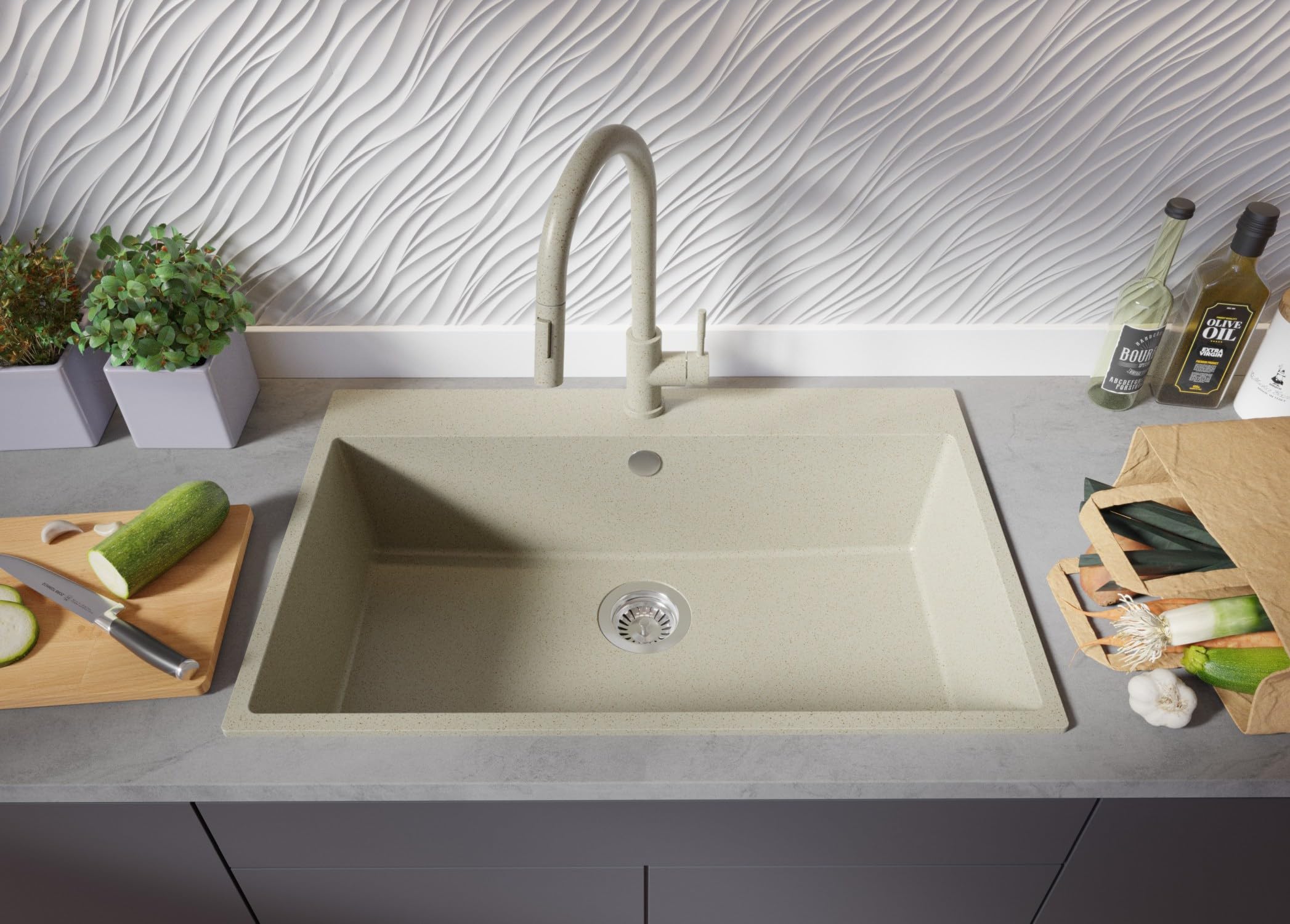 Lavello da Cucina Beige 78x50cm, Lavandino da Cucina a 1 vasca + Sifone Classico, Lavabo da Cucina Incasso al mobile 80cm - Riga di Primagran