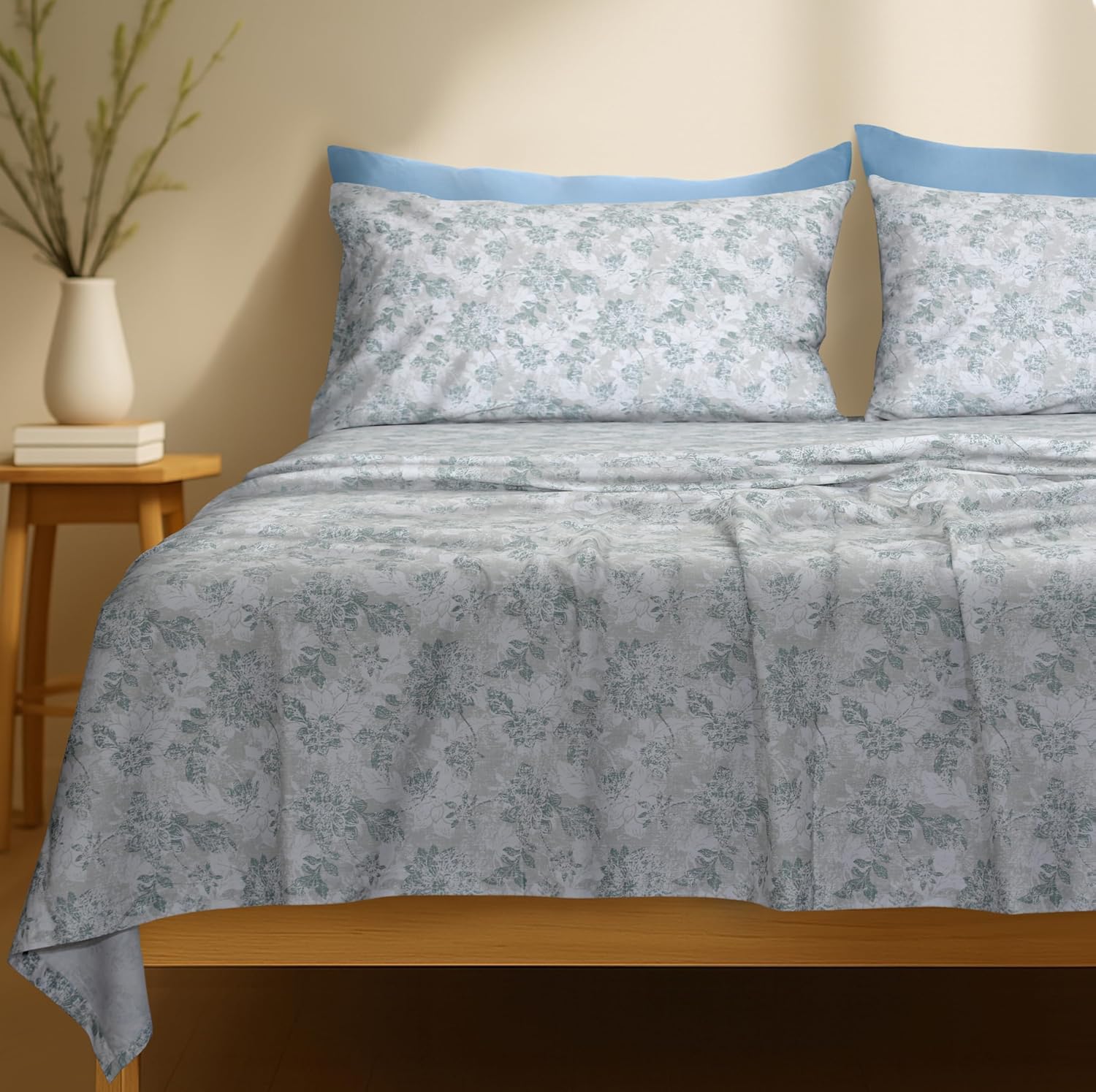 RUVANTI 100% Cotton Sheets Queen Size Bed Set - 300 Thread Count Silky Soft Sateen Weave, Cooling, Lightweight & Breathable, 16" Deep Pocket, Durable & Luxury Satin-Like, 4 Piece, Floral Imprint - Image 9