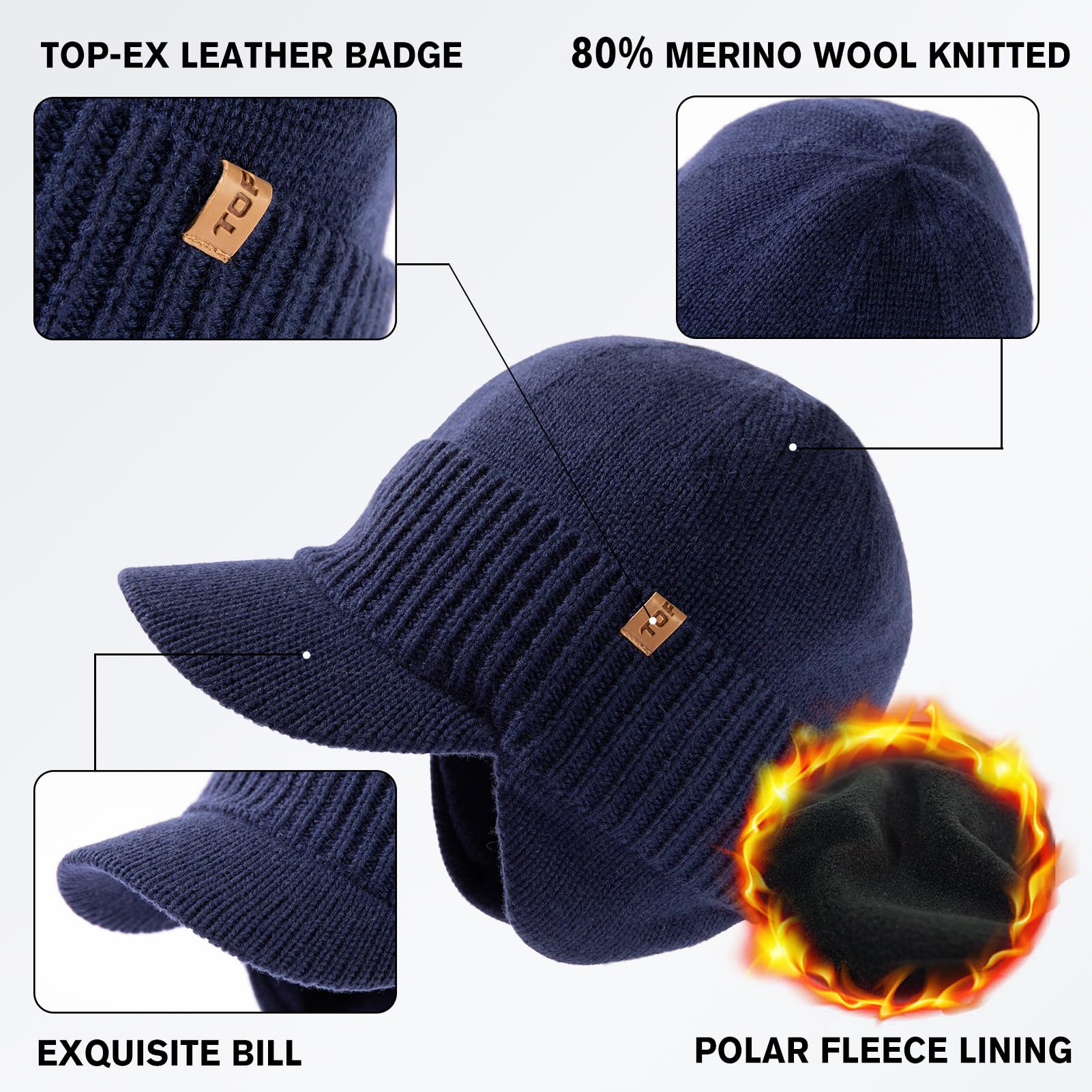 TOP-EX DryKnit - Gorro impermeable de 80 % lana merino, con orejeras, forro polar cálido para invierno, para clima frío, estilo unisex, 55-66 cm