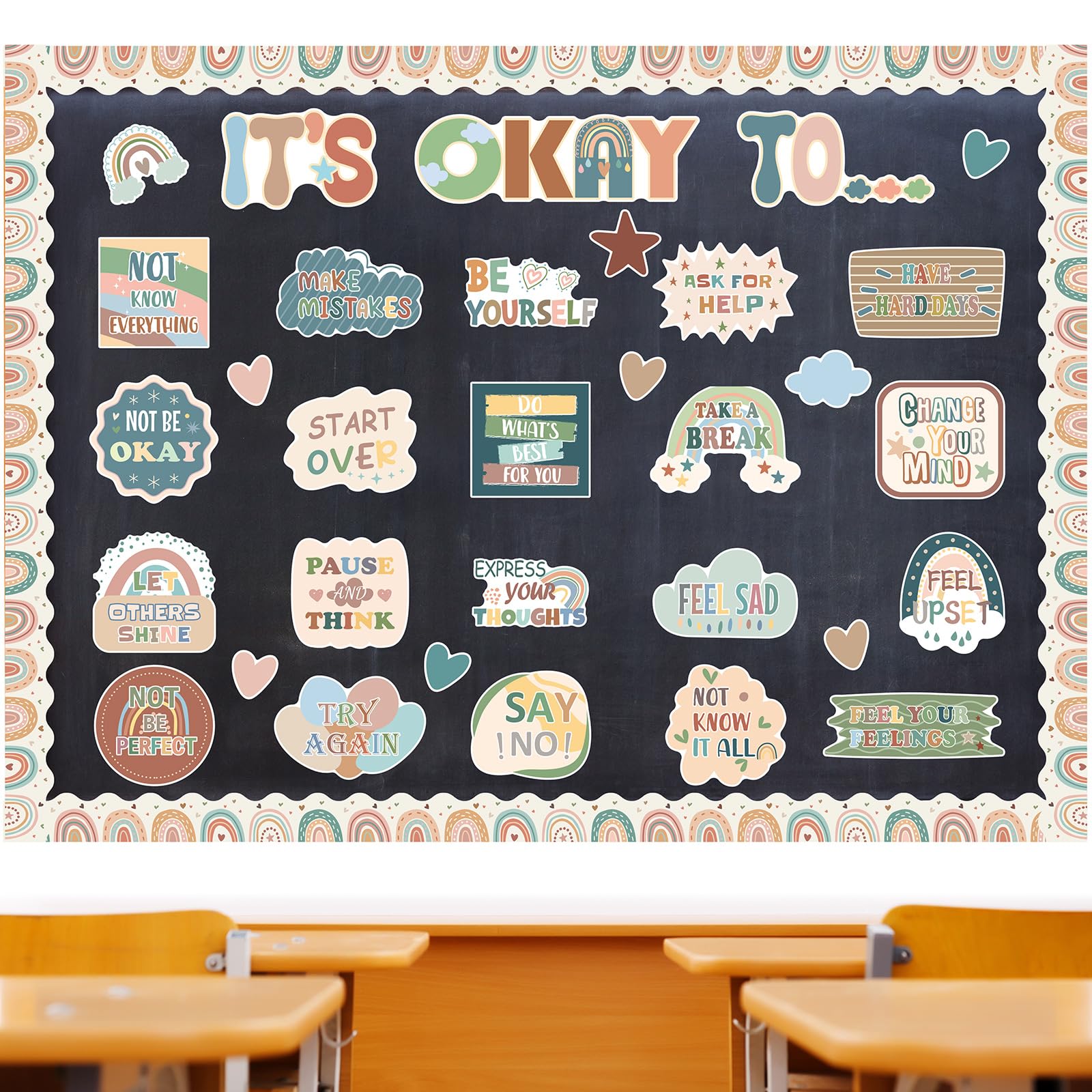 65 Pcs Affirmation Station Bulletin Board Set Motivational Posters for Classroom Classroom Mirror Decors It's Okay to Bulletin Board Boho Eucalyptus