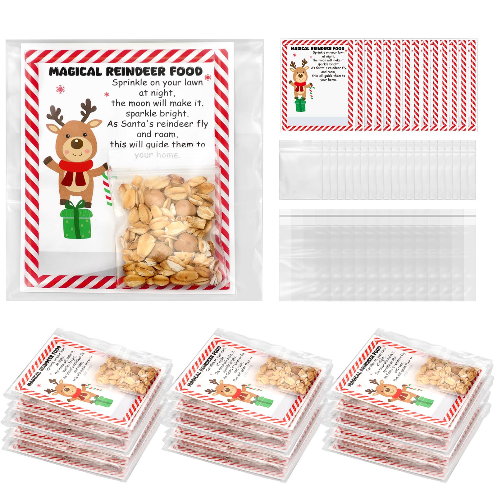 Clabby 100 Sets Magical Reindeer Food Bags 1.6 x 2 Inches with Reindeer Food Labels and Self-adhesive Bags for Christmas Stocking Stuffers Cookies