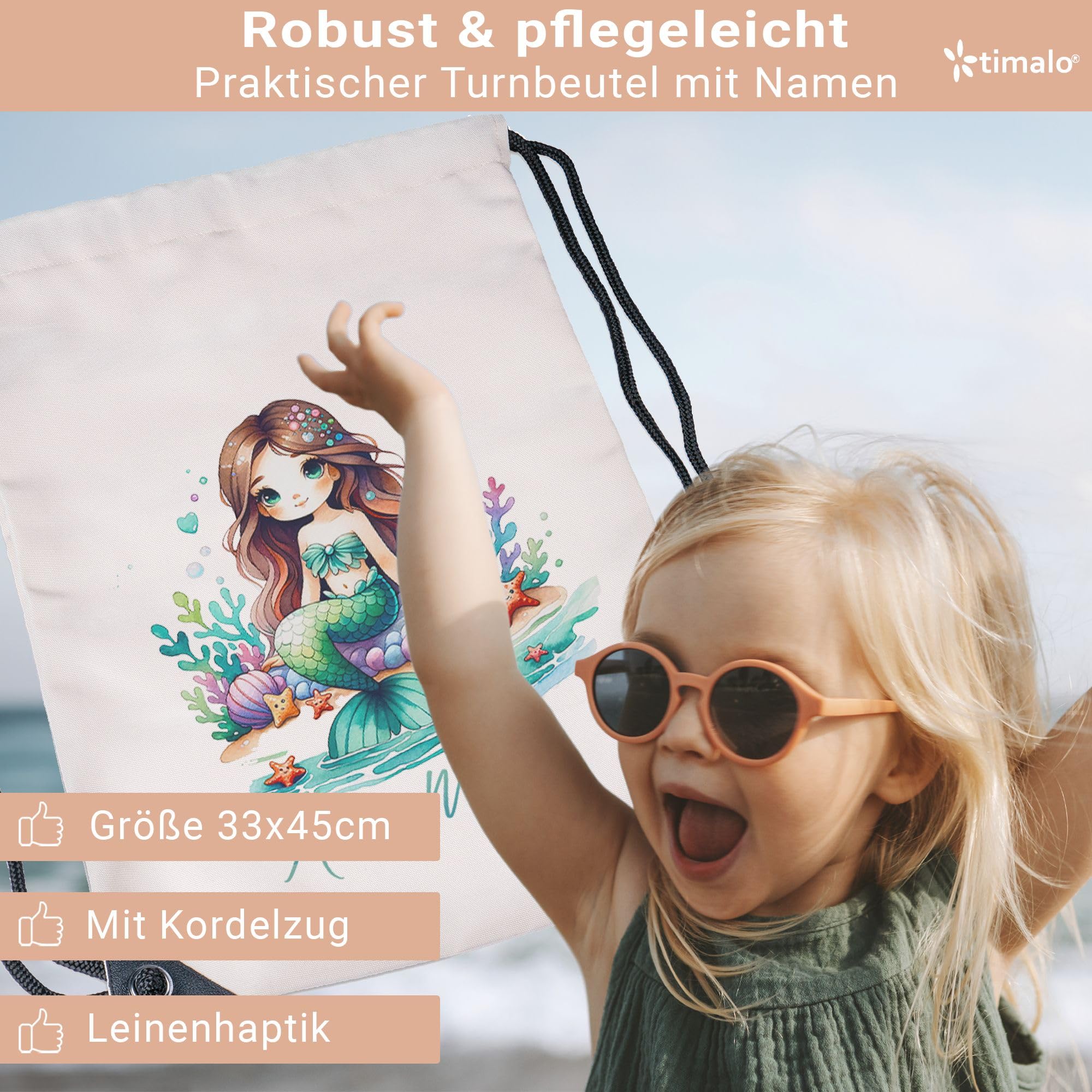 timalo Kinder Schulset Brotdose, Trinkflasche, Turnbeutel personalisiert mit Namen | Set Wasserflasche Edelstahl | Lunchbox mit Trennwand | Geschenk zur Einschulung & Kindergarten | 14 - Meerjungfrau