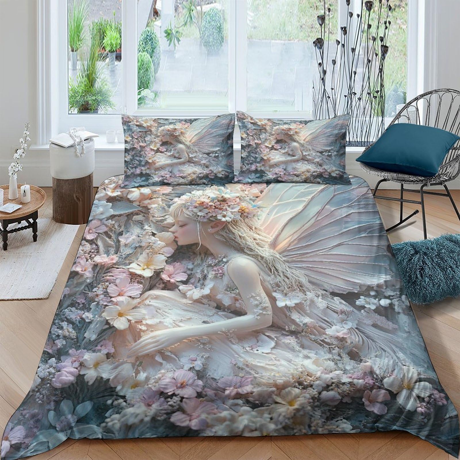 GPLZQXKJNH 3D Printed Fairy Forest Duvet Cover Microfiber Soft Breathable Fantasy Swan Bedding Set with 2 Pillowcases for Bedroom Decor 120x220cm Single（135x200cm）