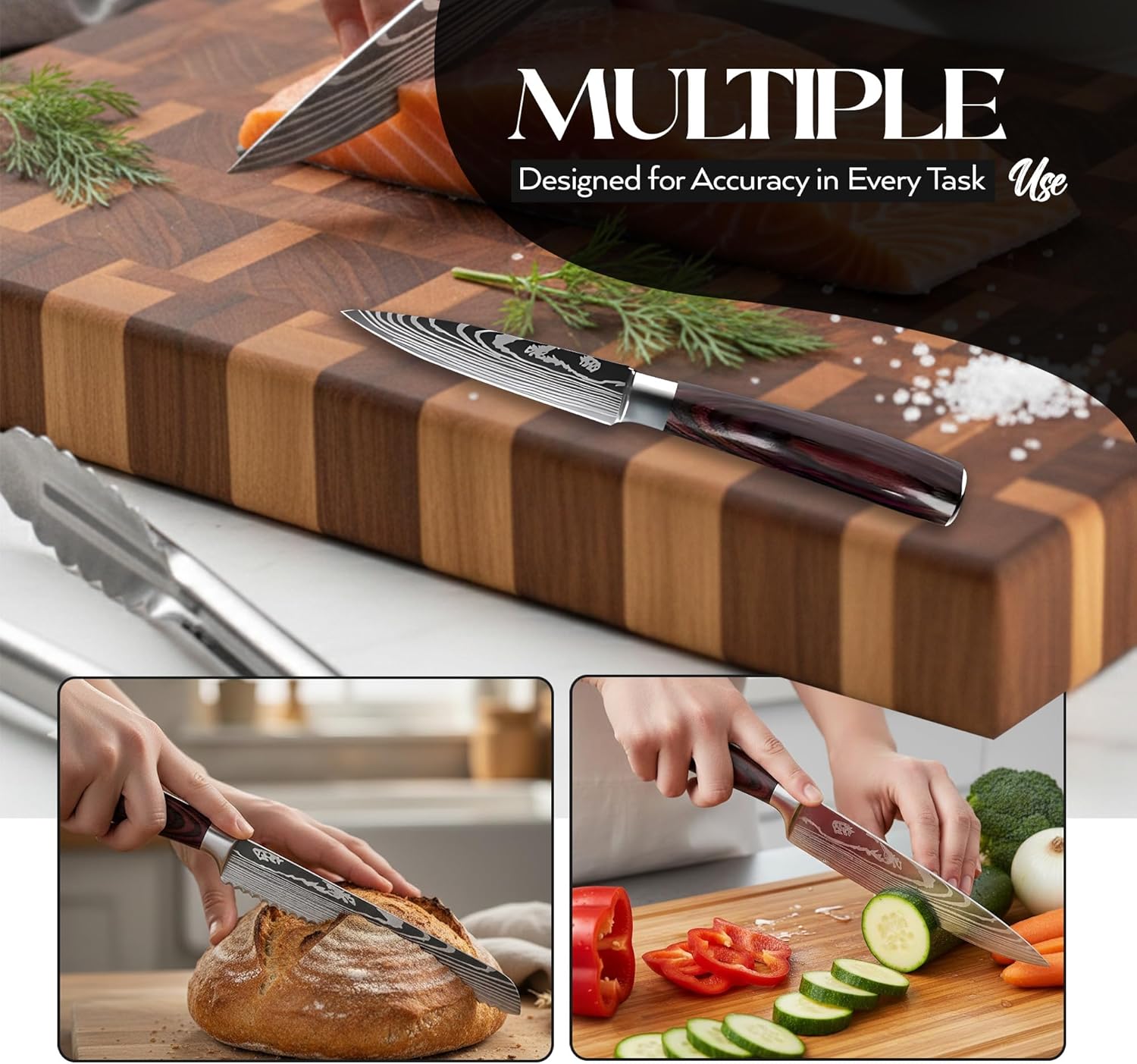 Kitchen Knife Set of 5, Ultra Sharp Knife Set with Pakkawood Handle, High Carbon Stainless Steel Knives Set for Kitchen